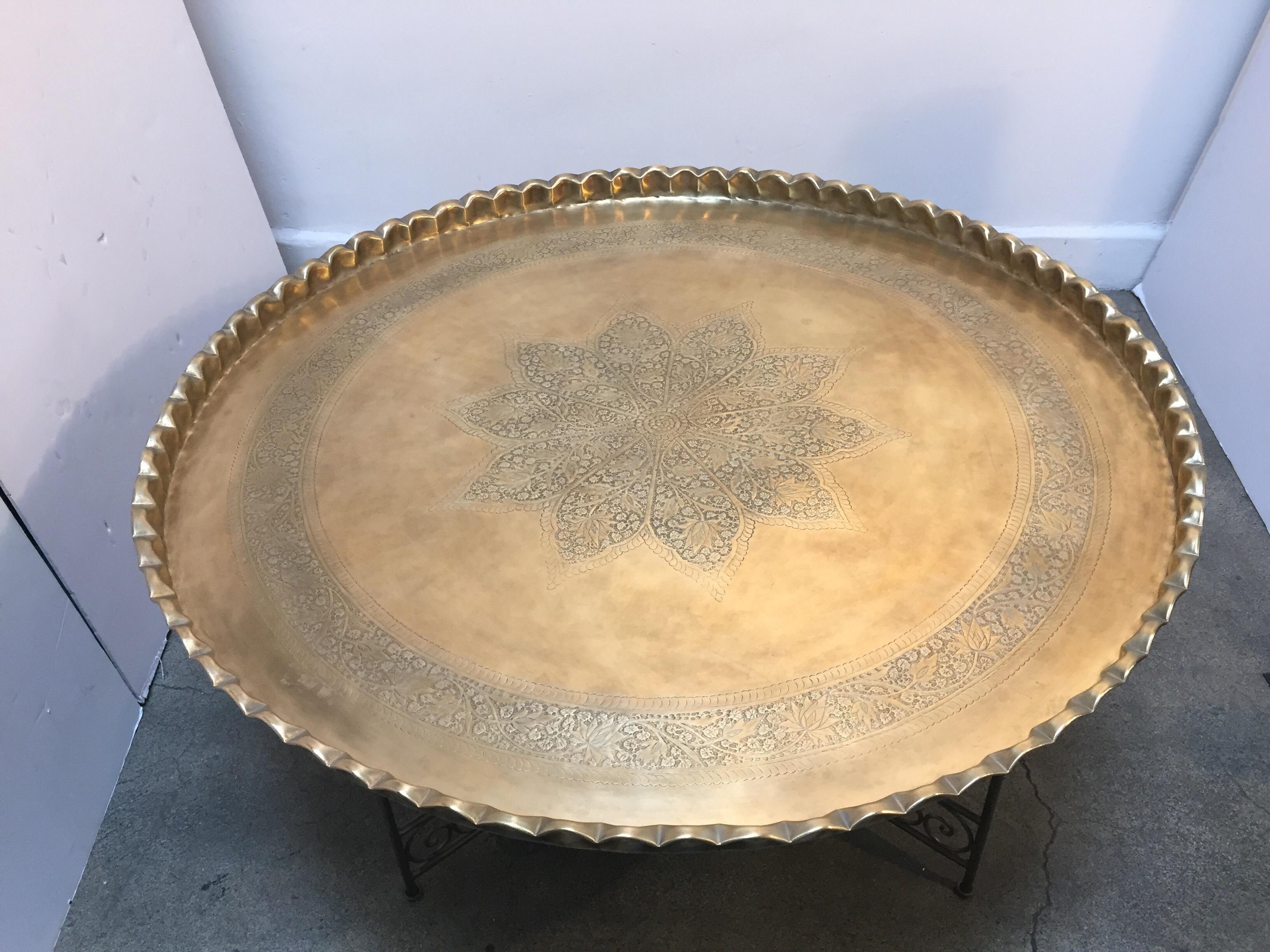 Large Moroccan Round Brass Tray Table on Iron Folding Stand 8