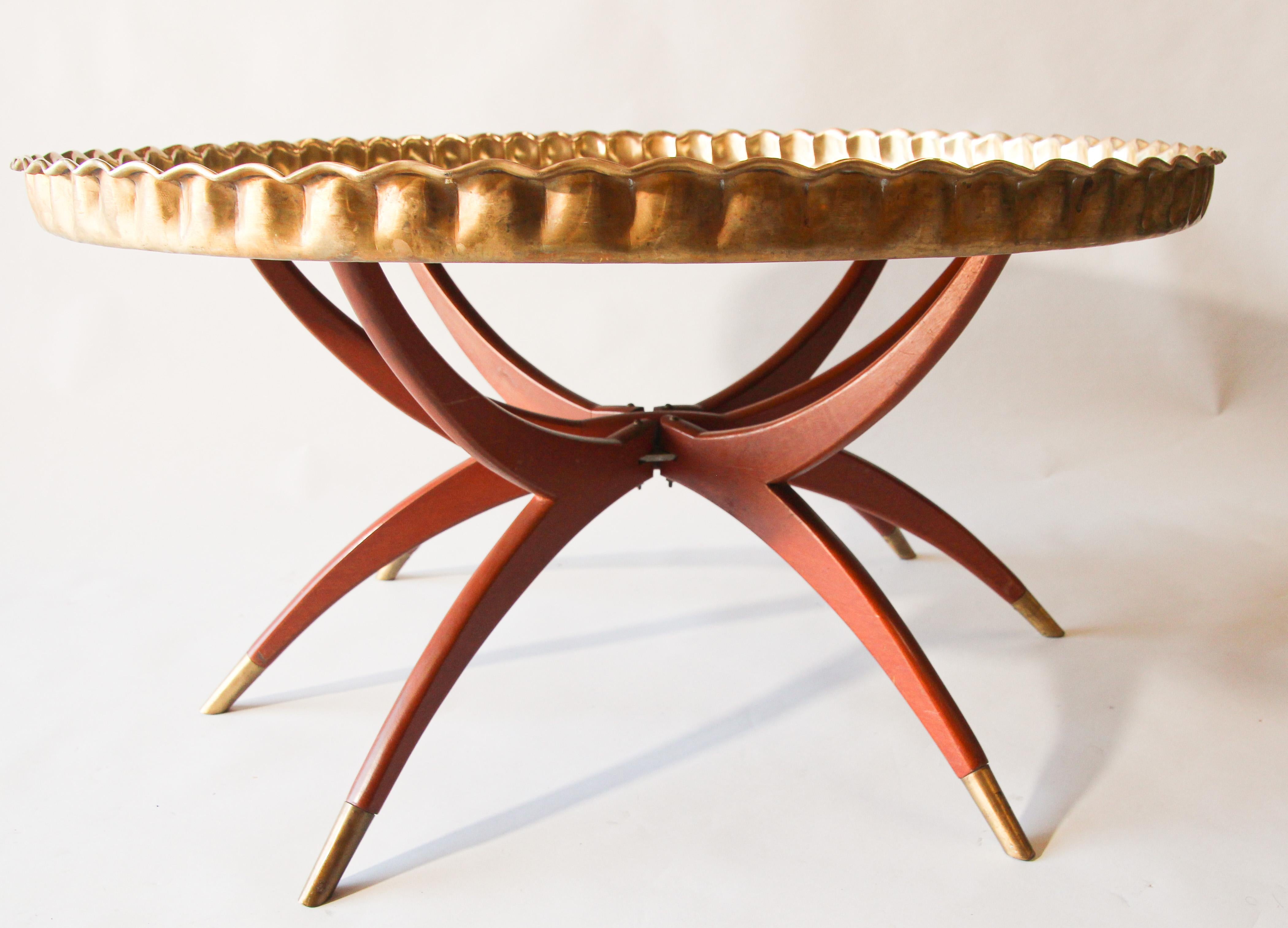 Large Moroccan Round Brass Tray Table on Folding Stand 1