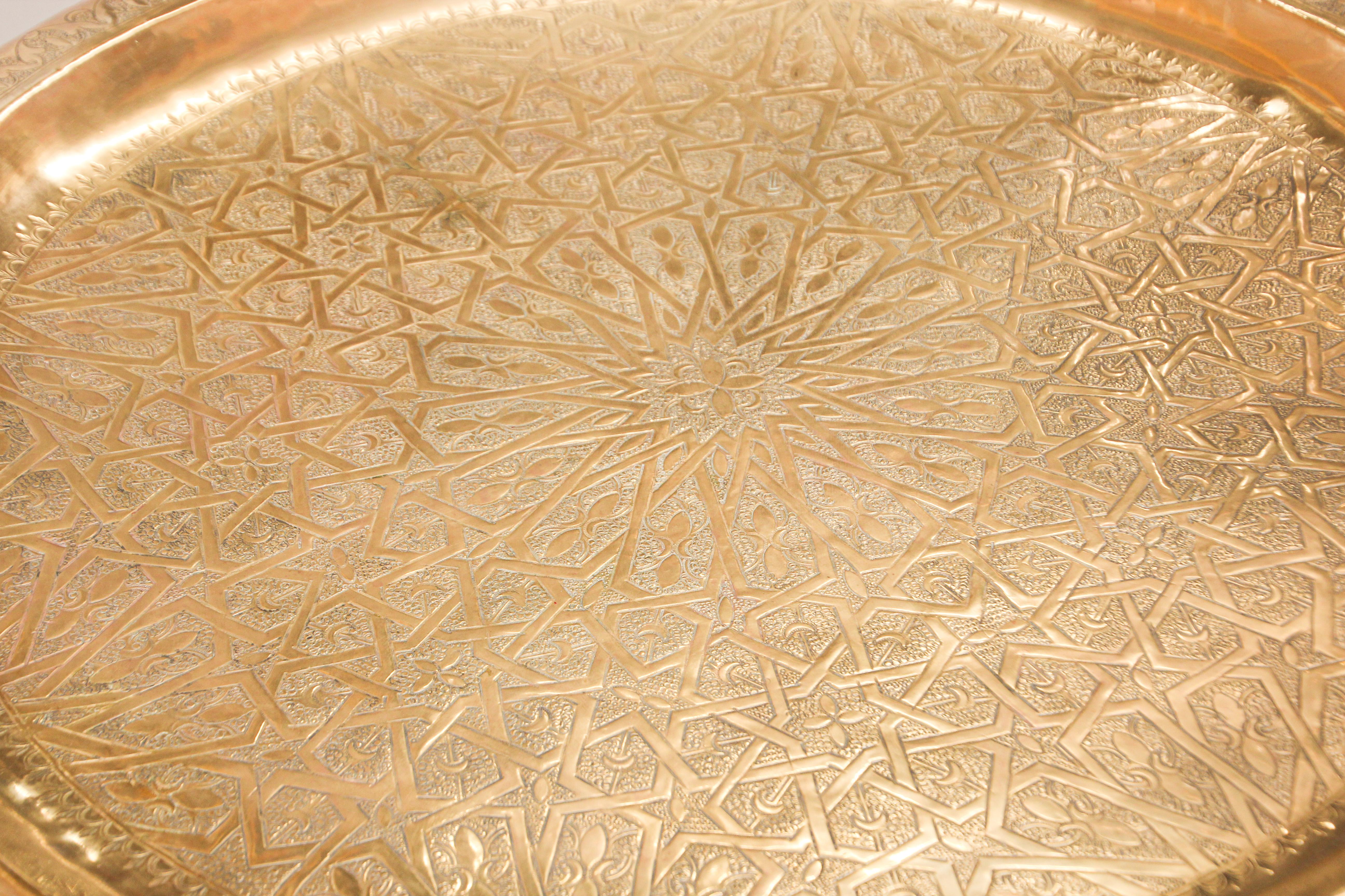 Large Moroccan Round Brass Tray Table on Folding Stand 4