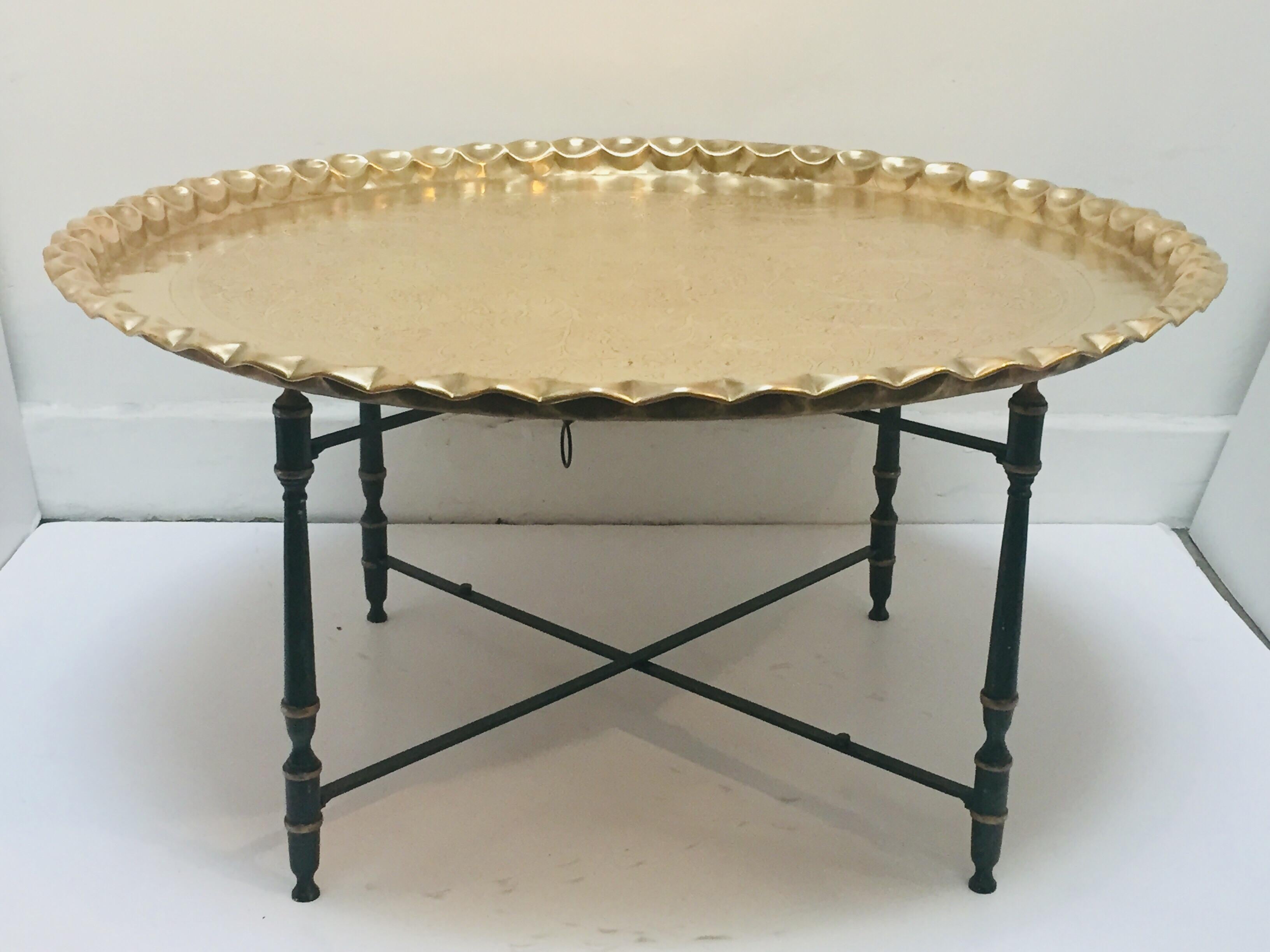 Large Moorish Polished Brass Tray Table on Folding Stand 6