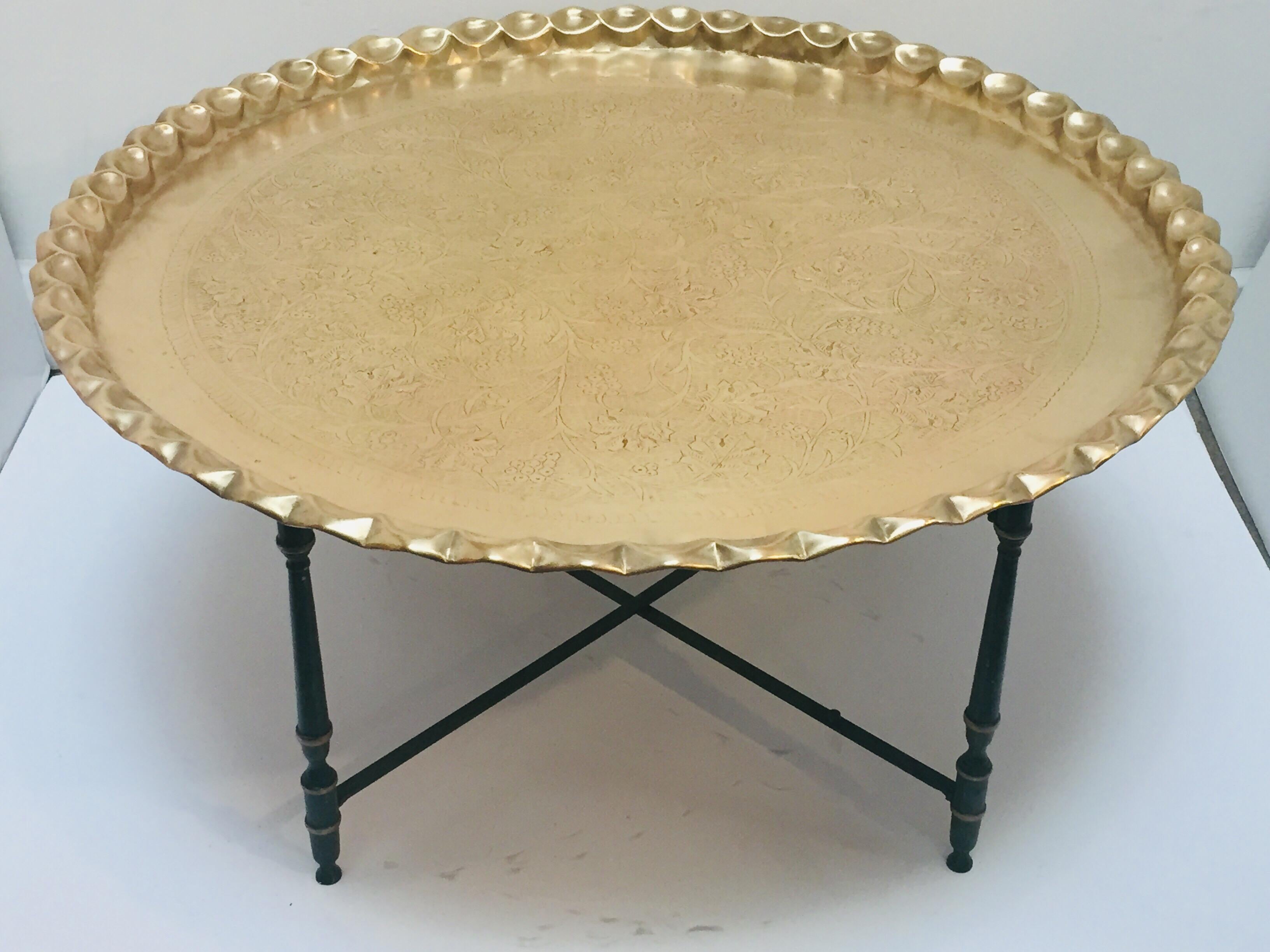 Large Moorish Polished Brass Tray Table on Folding Stand 7