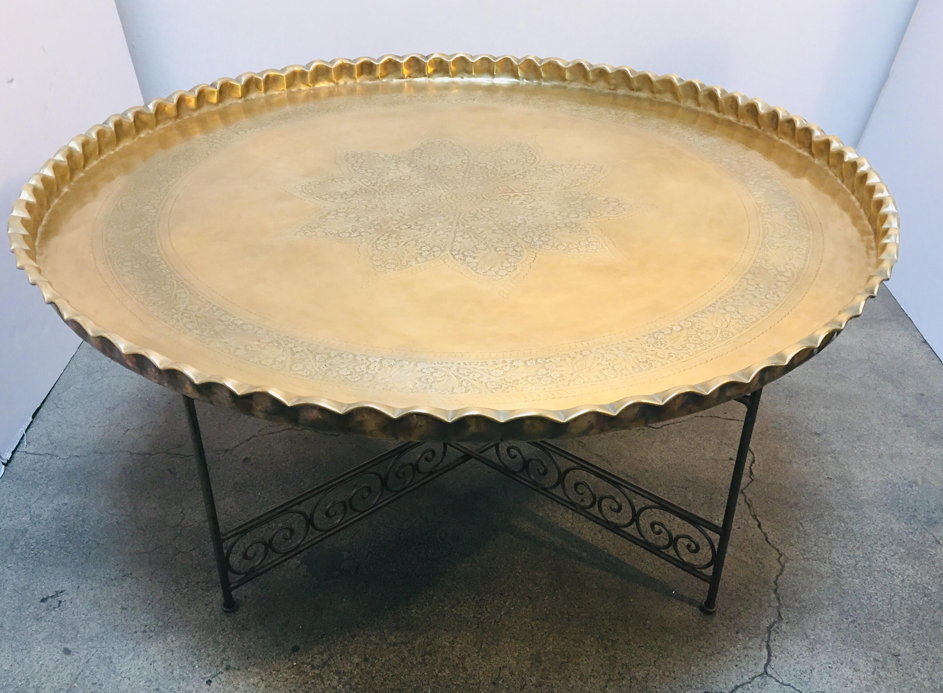 Large Moroccan Round Brass Tray Table on Iron Folding Stand 10