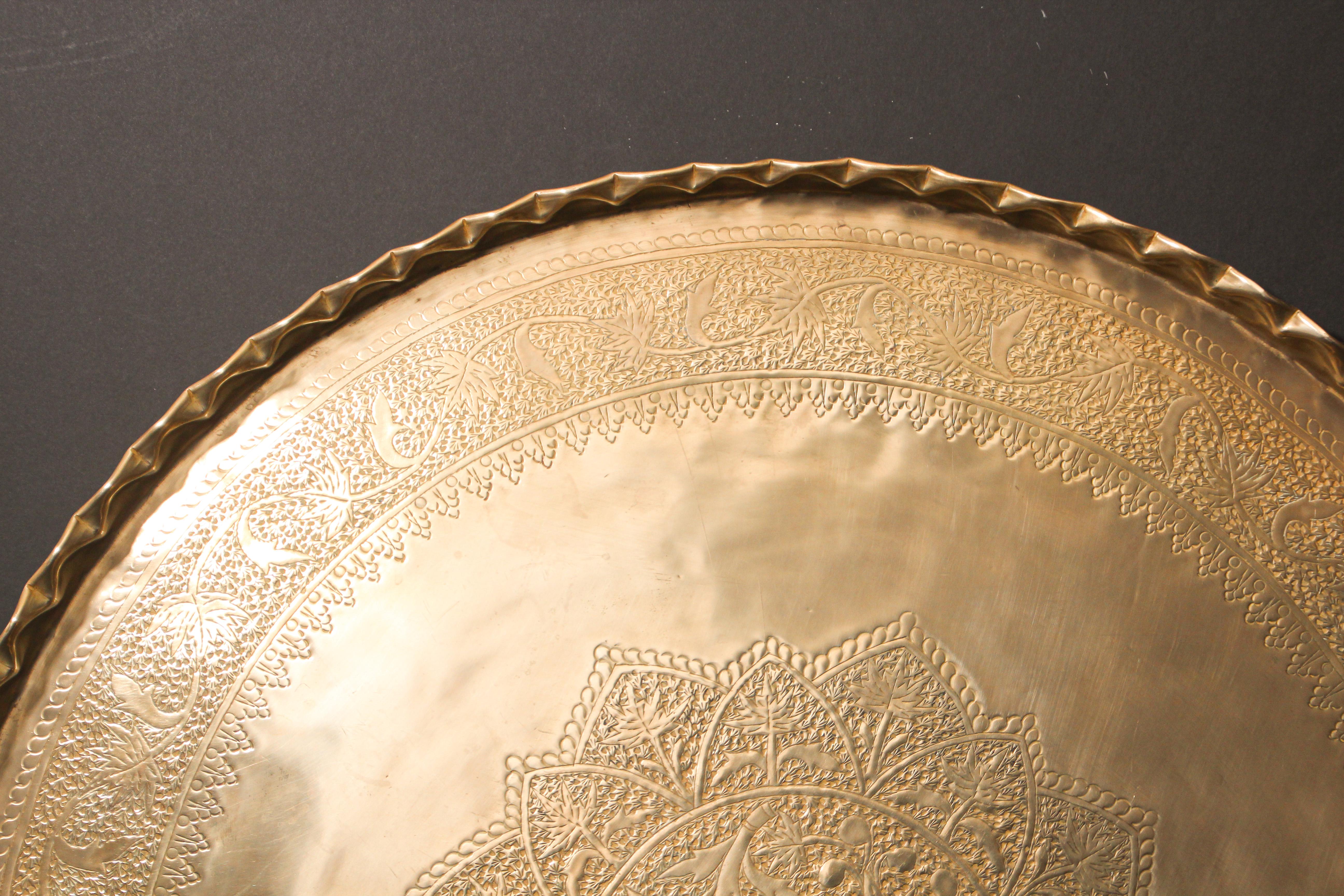 Large Moroccan Round Brass Tray Table on Folding Stand 7