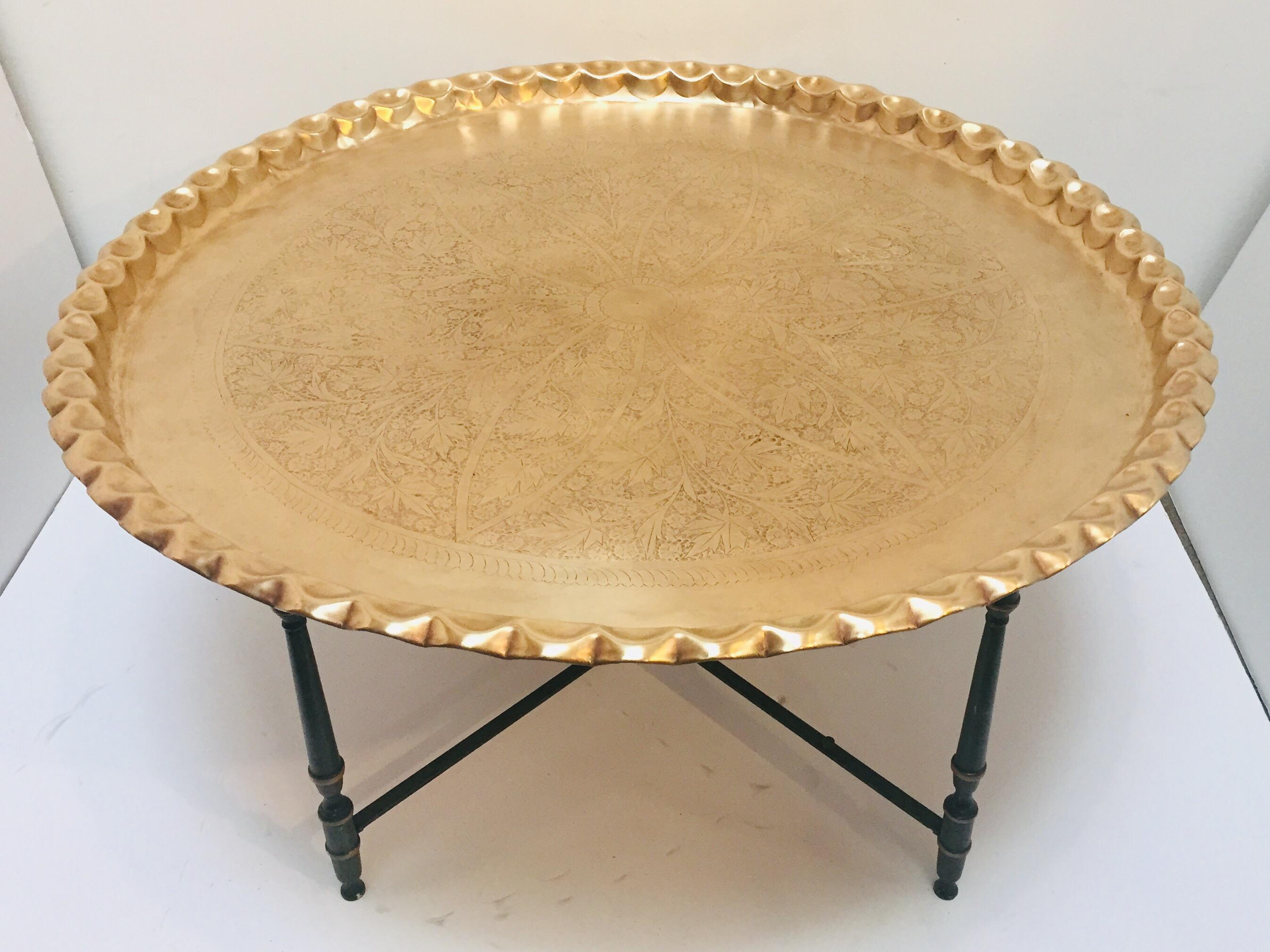 Large Moorish Polished Brass Tray Table on Folding Stand 8
