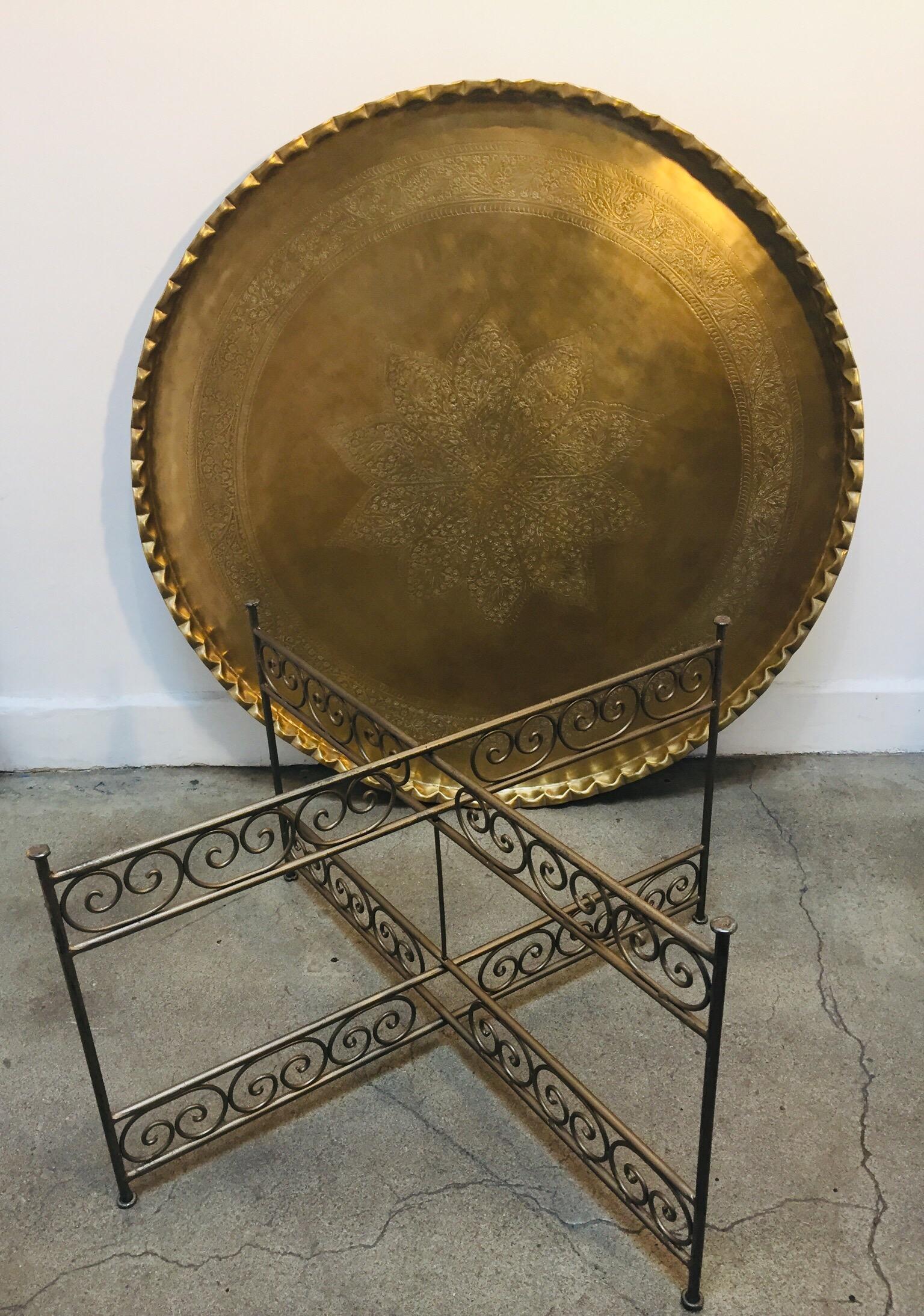 Large Moroccan Round Brass Tray Table on Iron Folding Stand 11