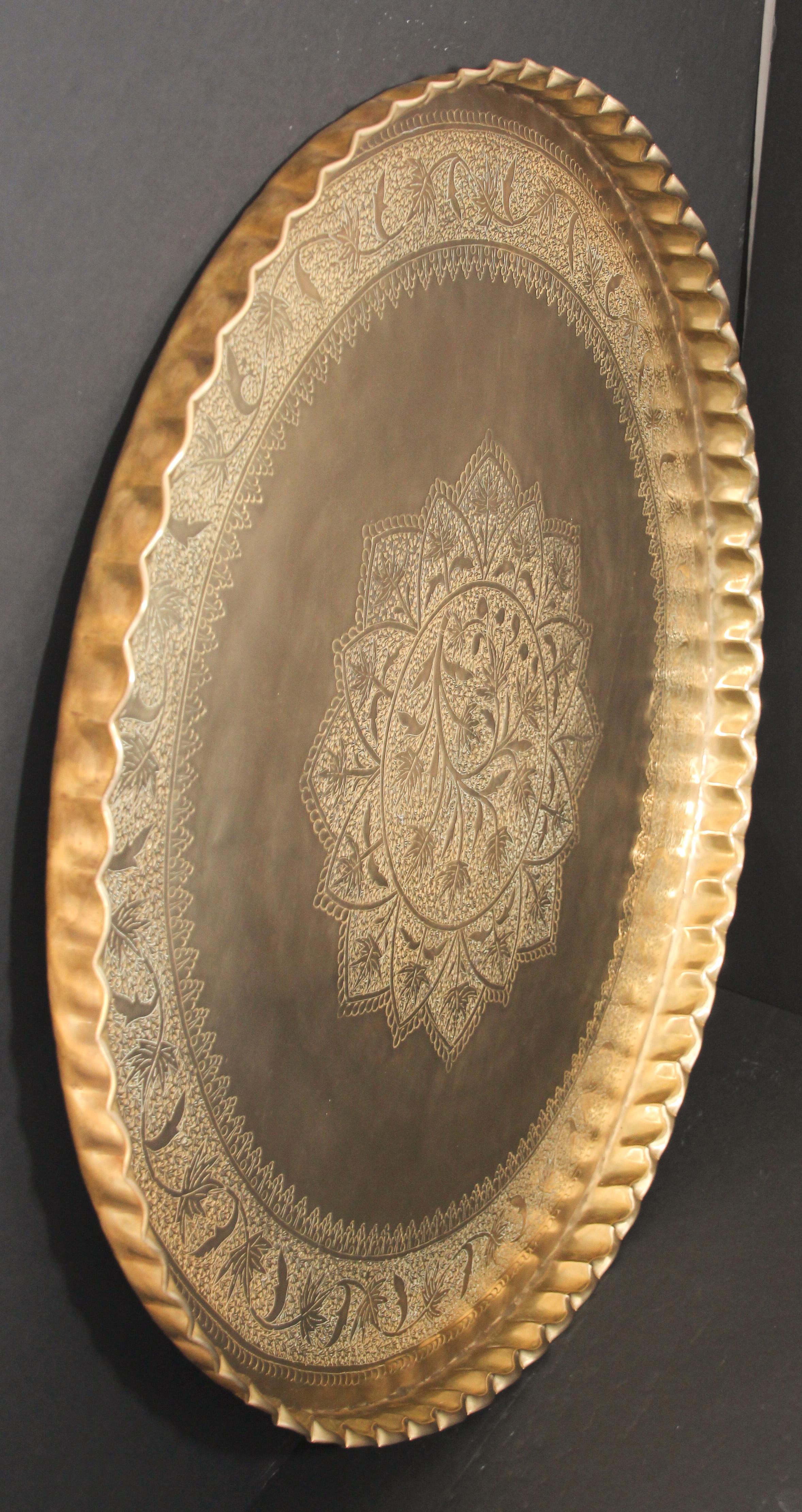 Large Moroccan Round Brass Tray Table on Folding Stand 9