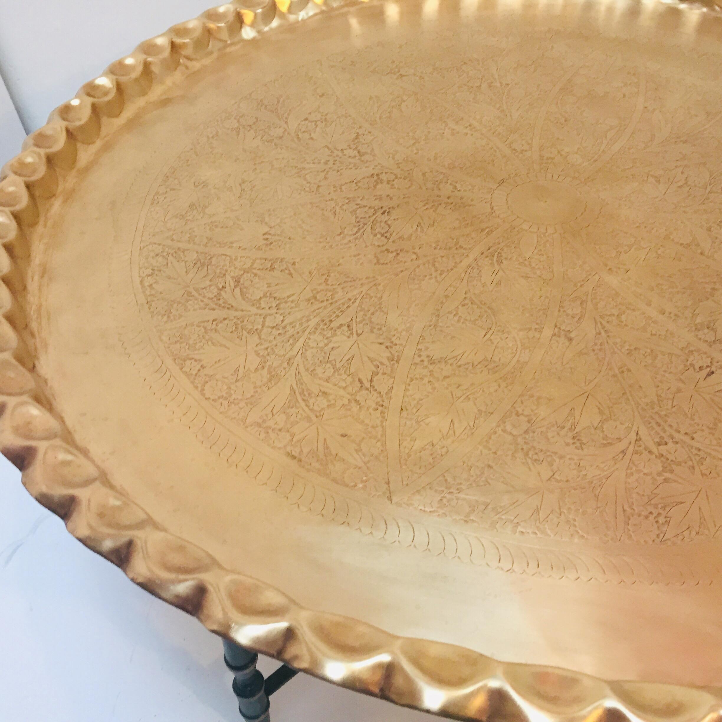 Large Moorish Polished Brass Tray Table on Folding Stand 10