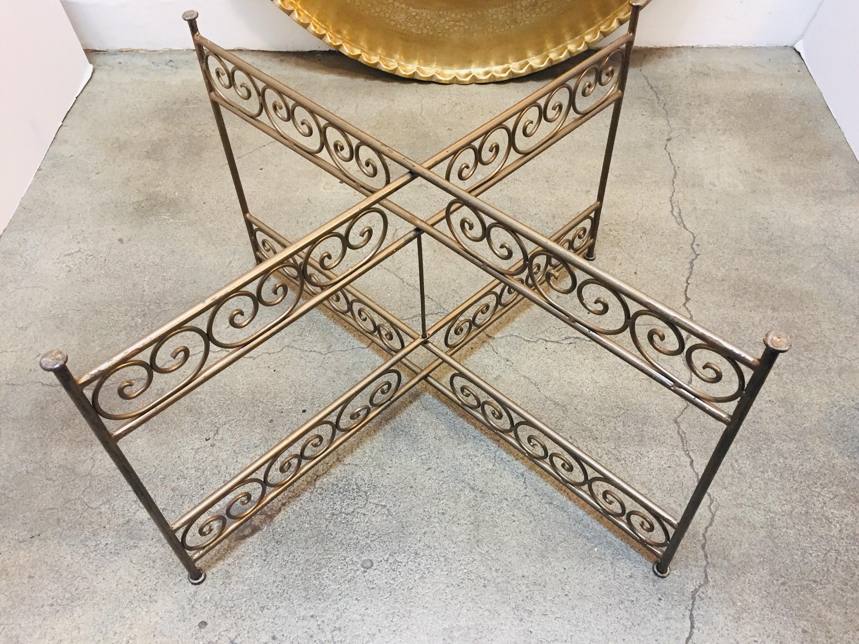 Large Moroccan Round Brass Tray Table on Iron Folding Stand 13