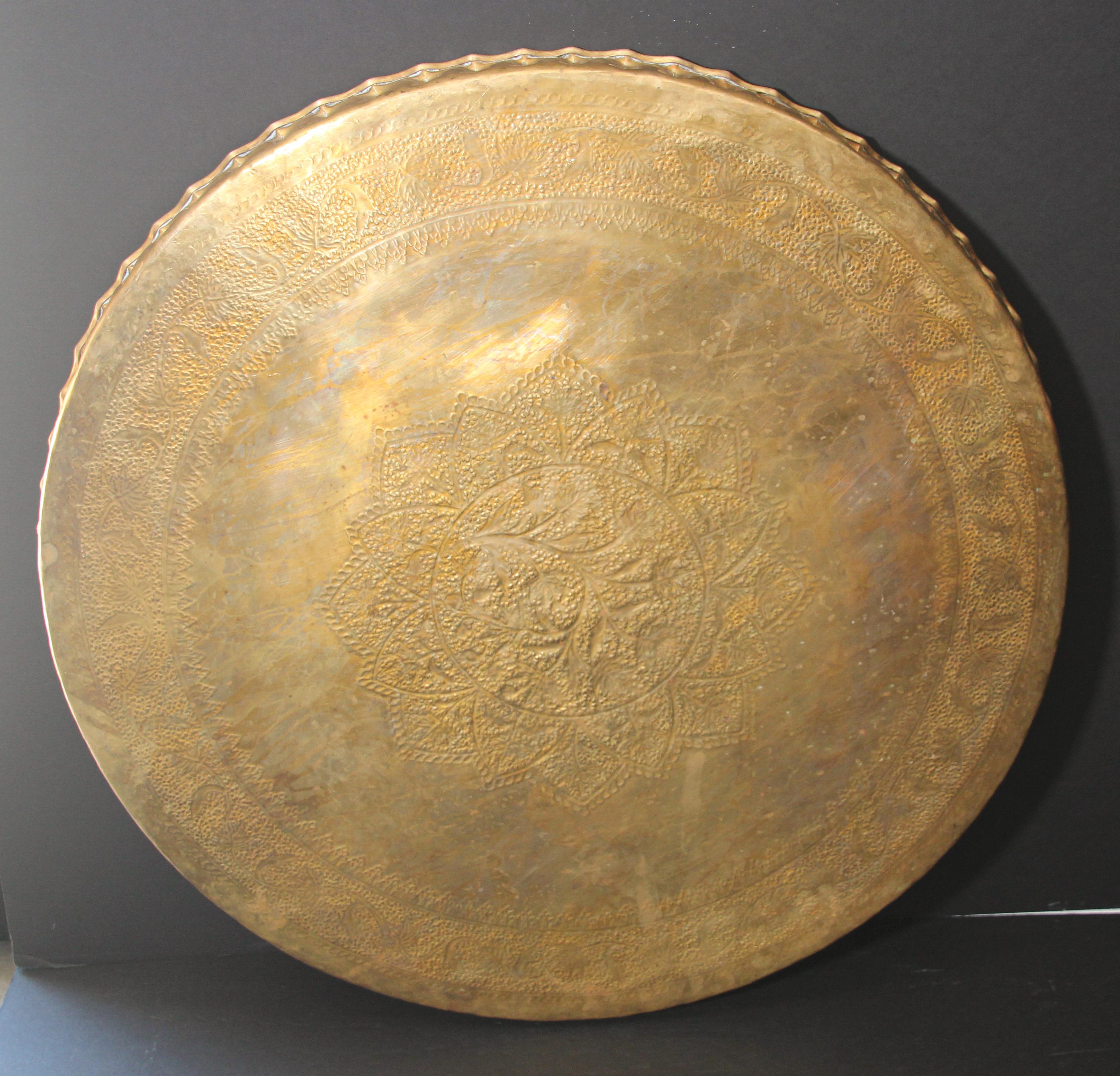 Large Moroccan Round Brass Tray Table on Folding Stand 10