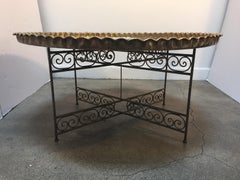 Large Moroccan Round Brass Tray Table on Iron Folding Stand