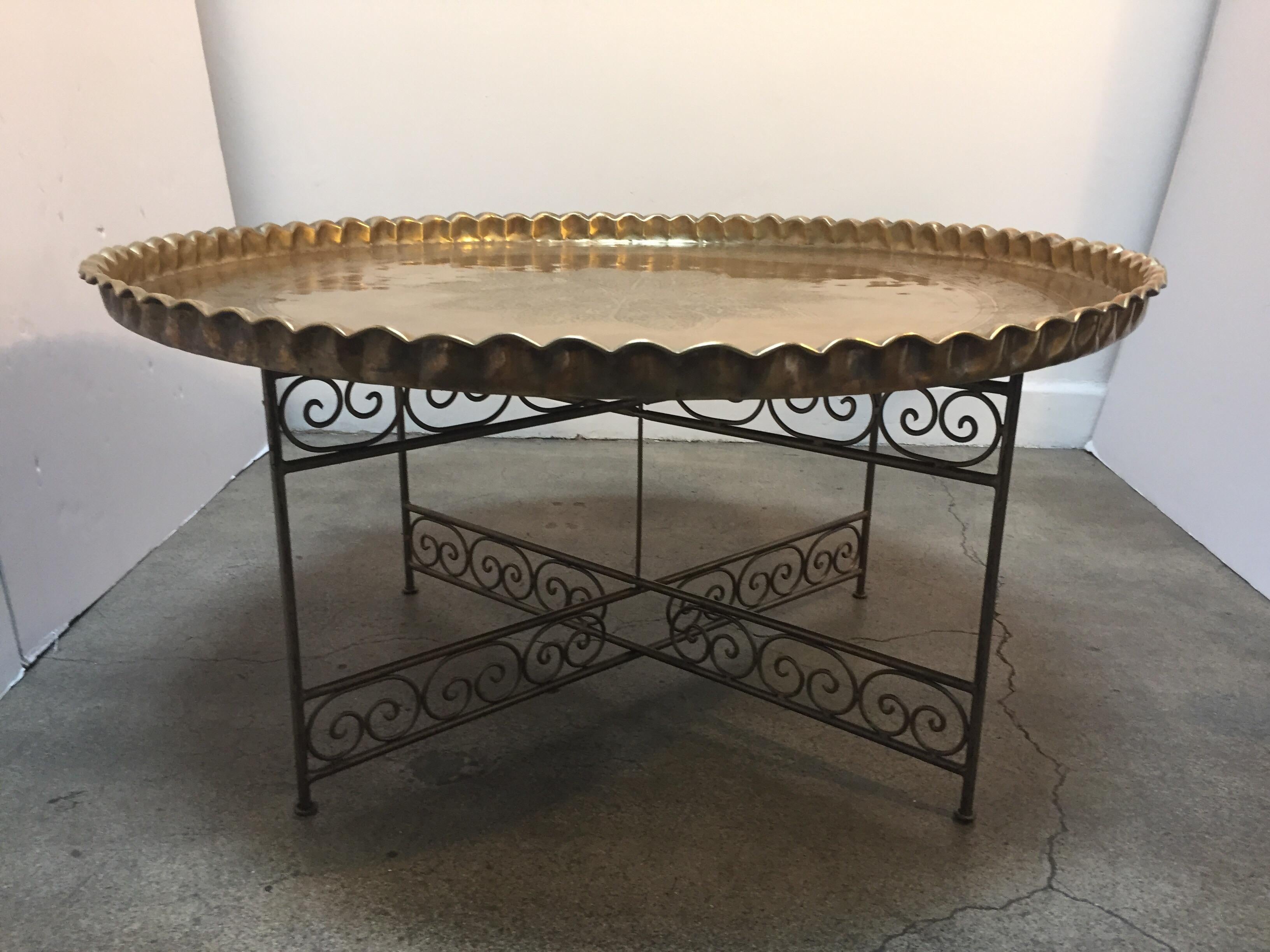Moorish Large Moroccan Round Brass Tray Table on Iron Folding Stand