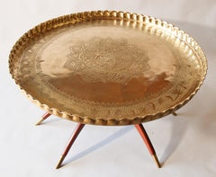 Large Moroccan Round Brass Tray Table on Folding Stand