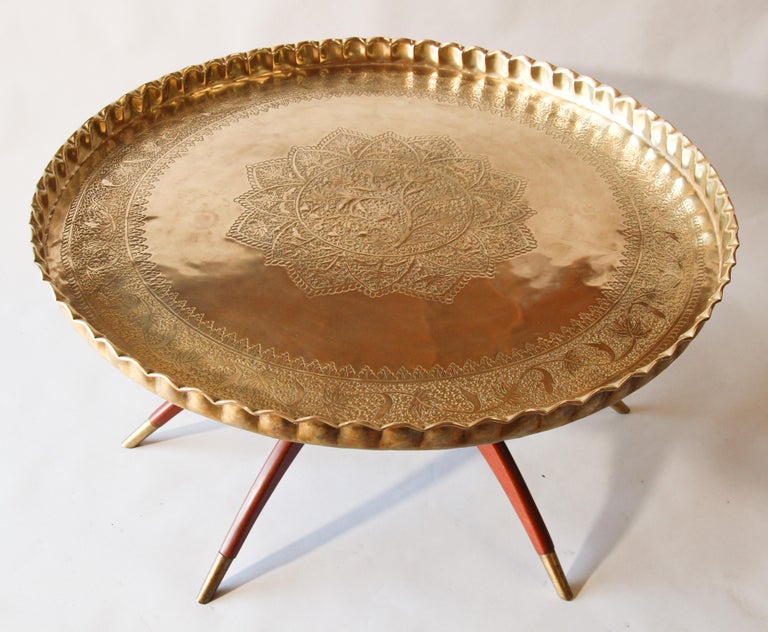 Large Moroccan Round Brass Tray Table on Folding Stand For Sale at 1stDibs