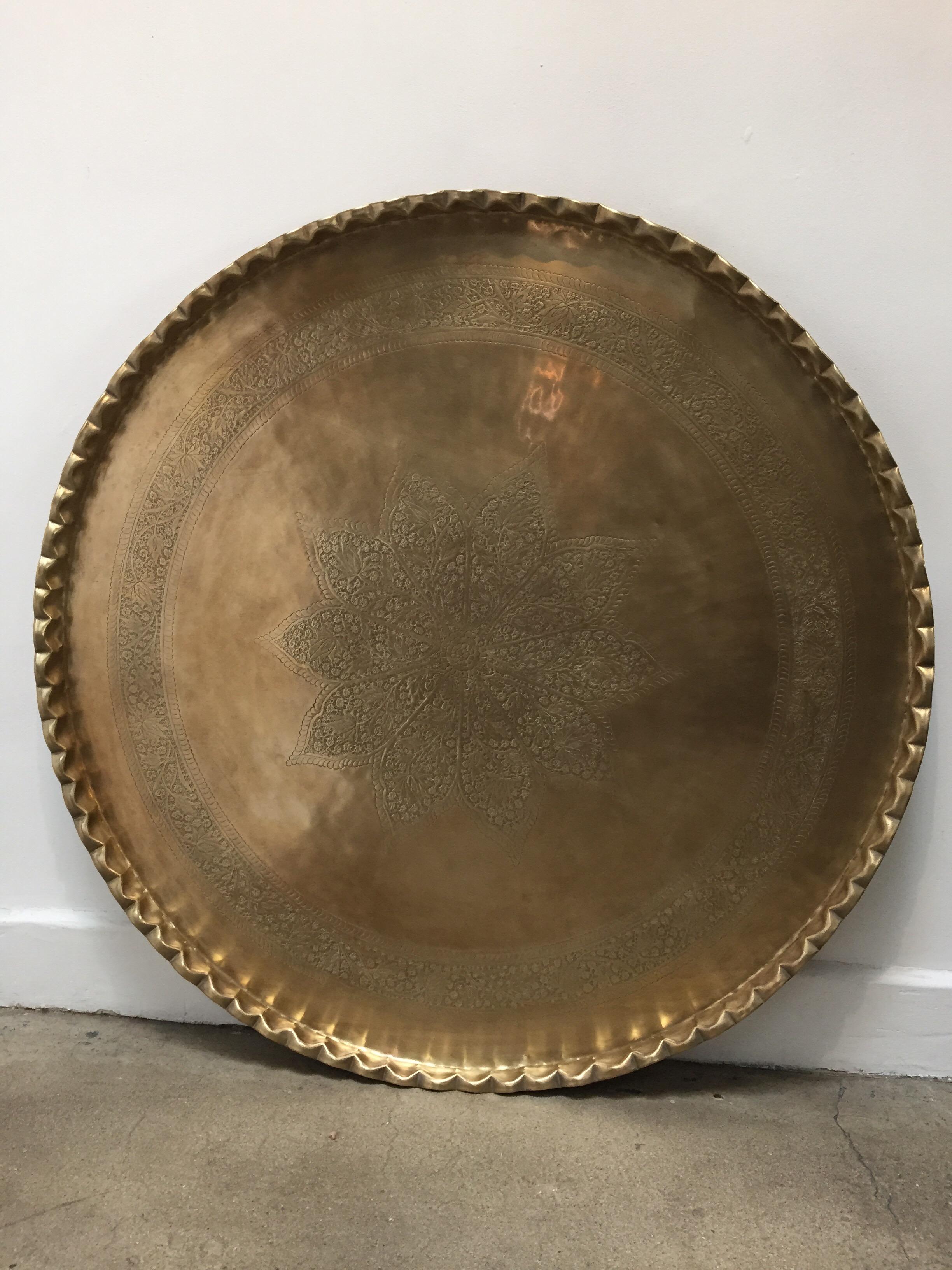 Hammered Large Moroccan Round Brass Tray Table on Iron Folding Stand