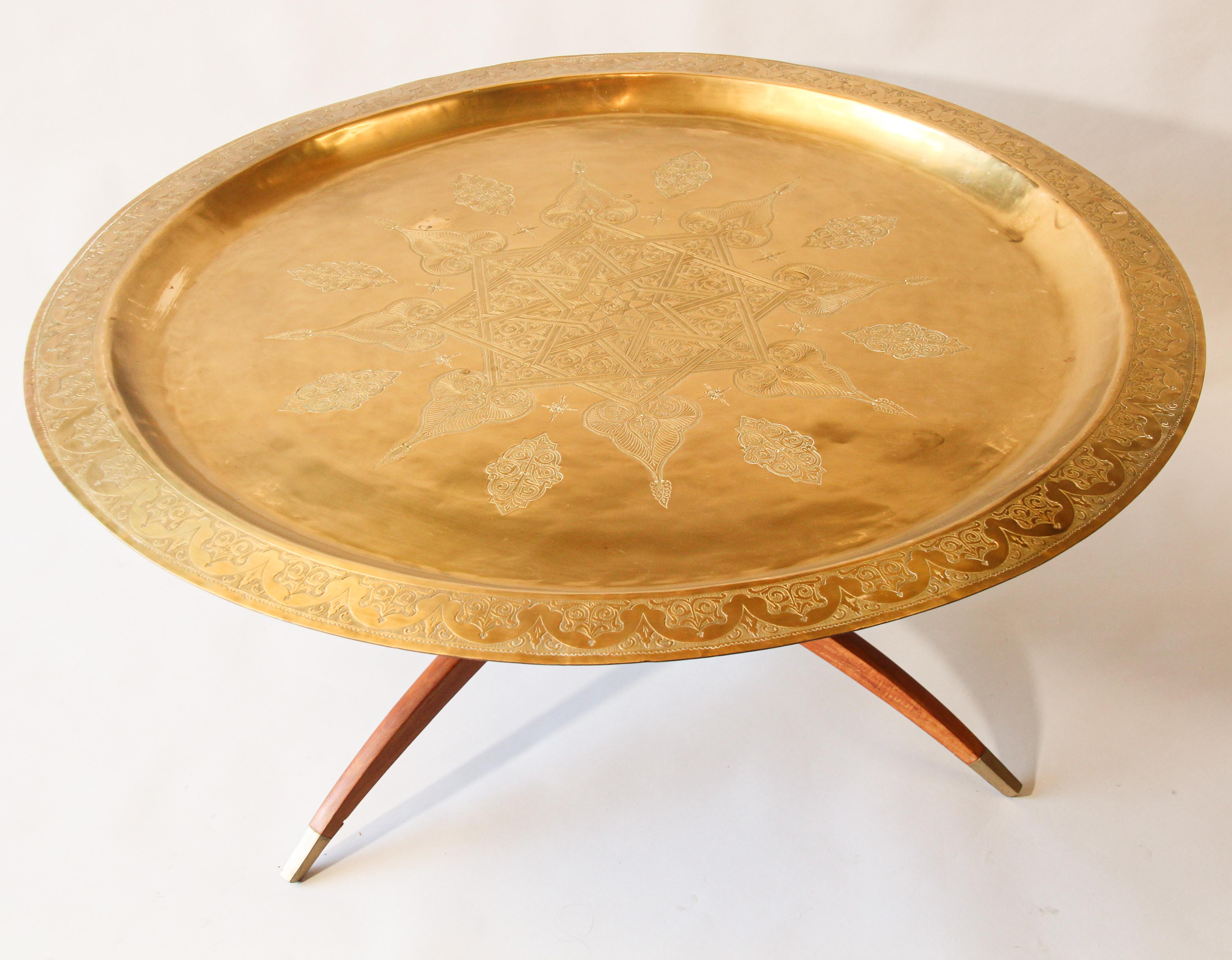 Moorish Large Moroccan Round Brass Tray Table on Folding Stand