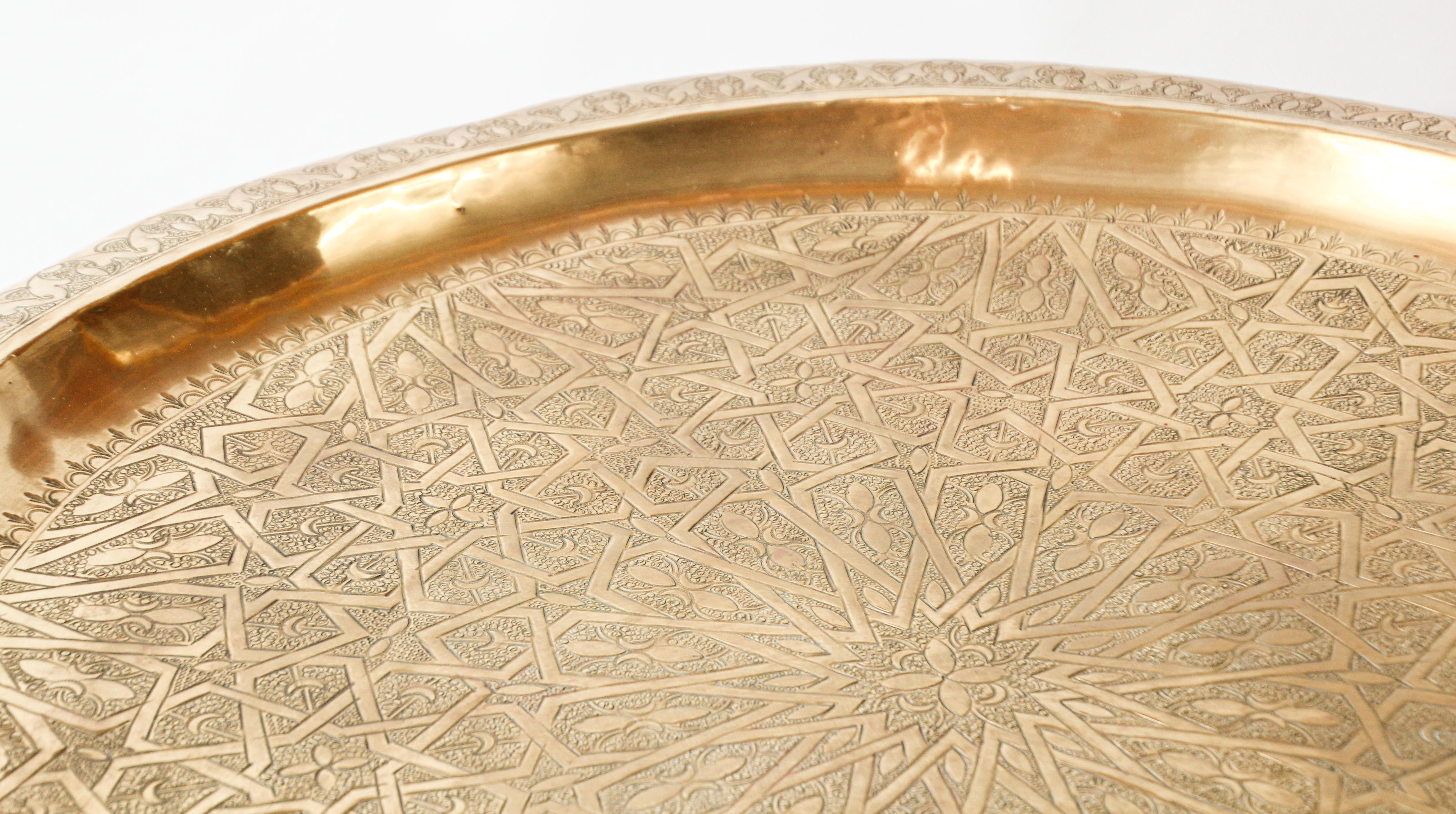 Indian Large Moroccan Round Brass Tray Table on Folding Stand