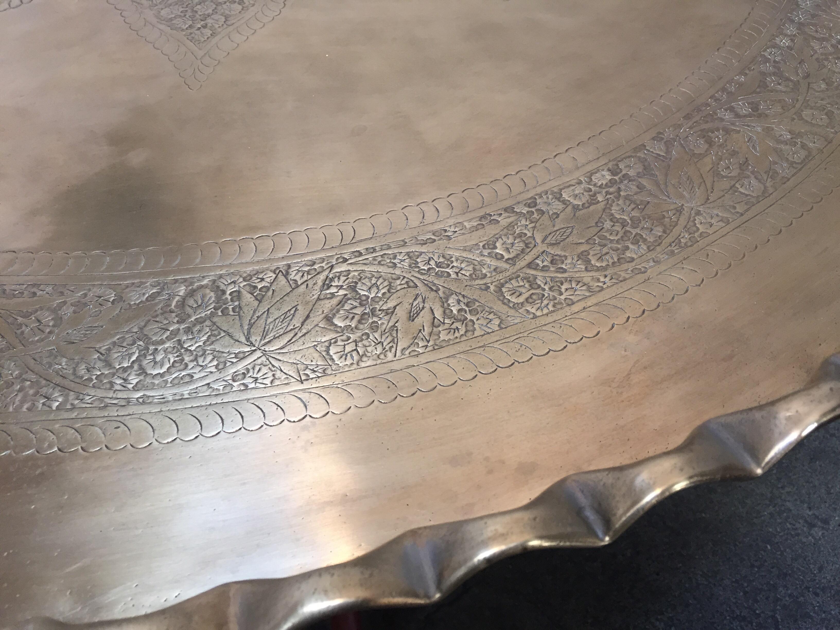 Large Moroccan Round Brass Tray Table on Iron Folding Stand 3