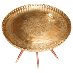 Large Moroccan Round Brass Tray Table on Folding Stand
