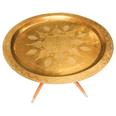 Retro Large Moroccan Round Brass Tray Table on Folding Stand