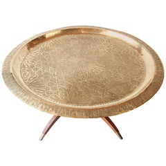Large Moroccan Round Brass Tray Table on Folding Stand