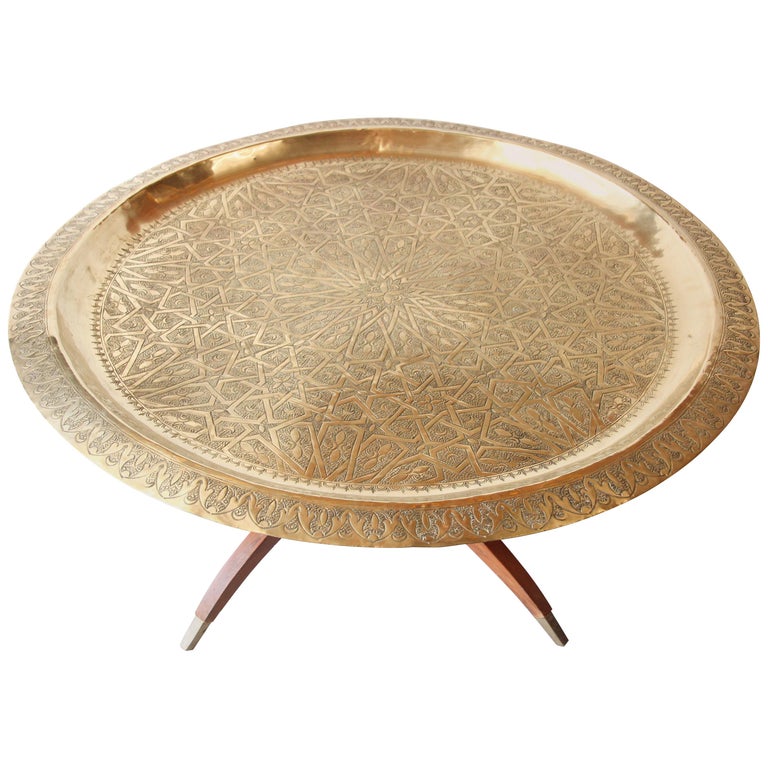 Large Moroccan Round Brass Tray Table on Folding Stand at 1stDibs