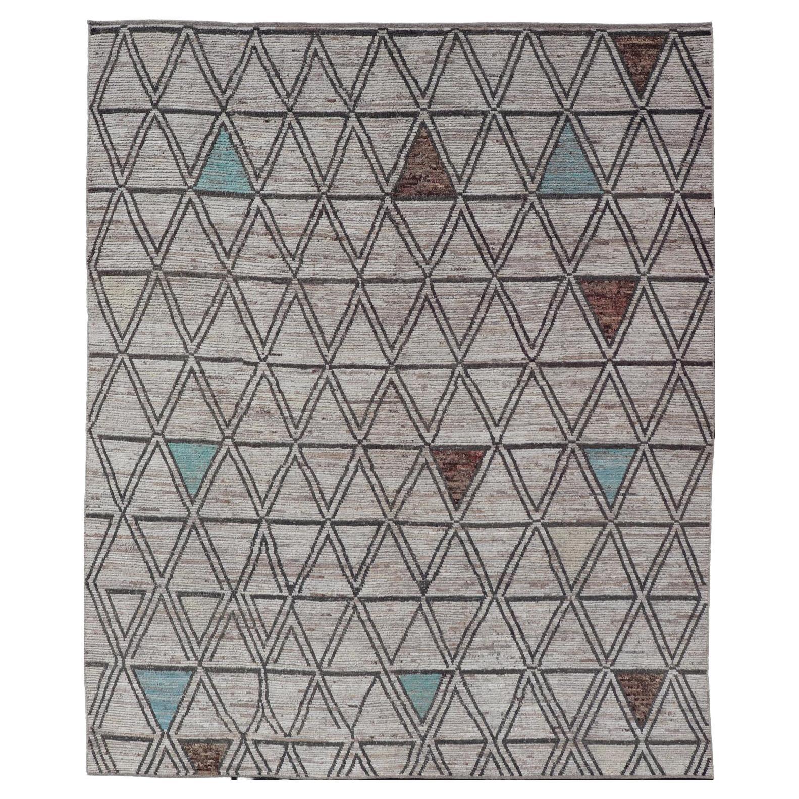Large Moroccan Style Distressed Modern Rug in Diamond and Triangle Design For Sale