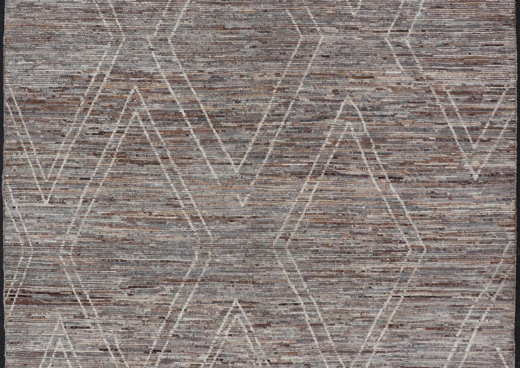 Contemporary Large Moroccan Style Distressed Modern Rug in Diamond Design in Earthy Tones For Sale
