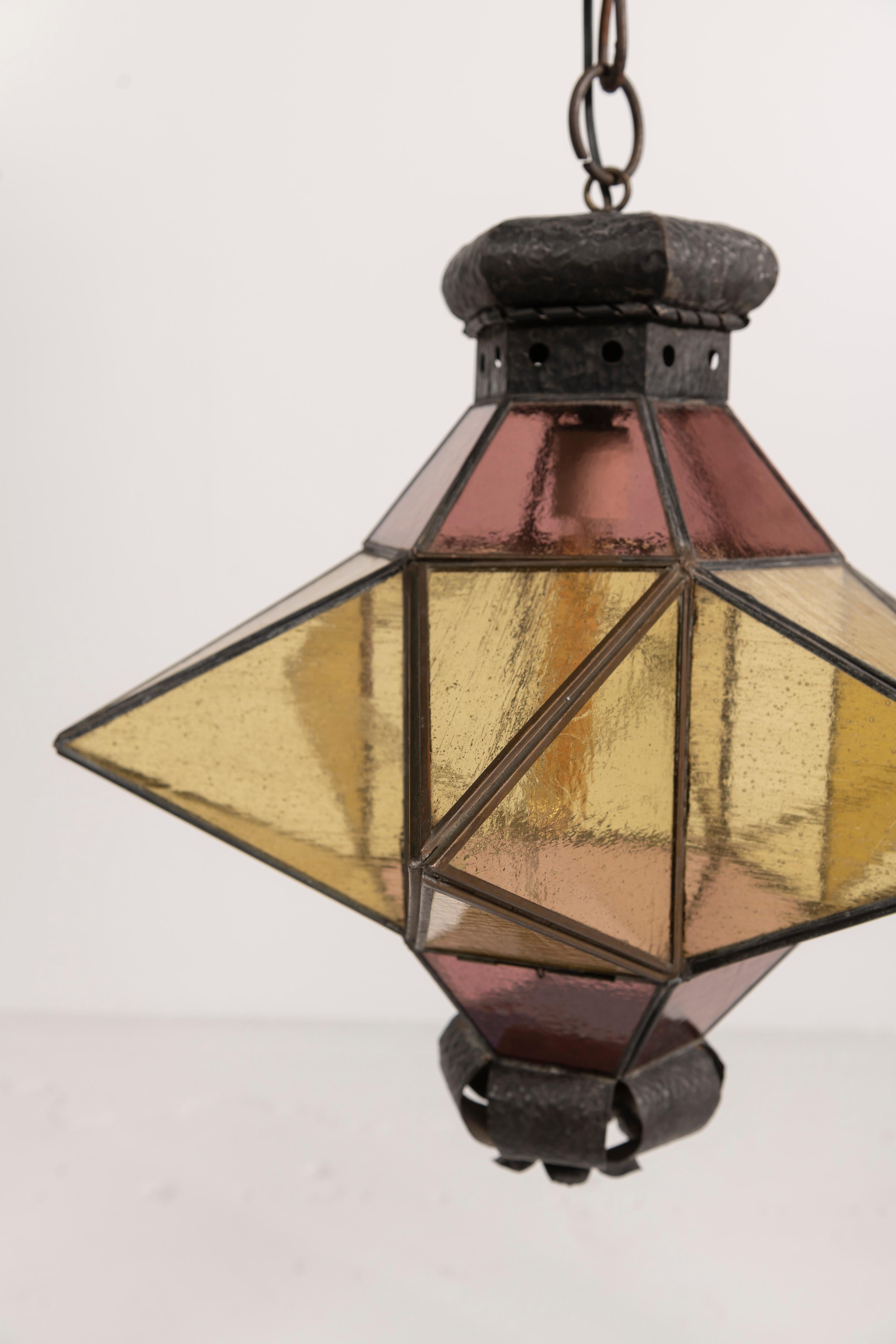 Large Moroccan Style Lantern in Brown and Gold Glasss, 1920s In Good Condition For Sale In San Francisco, CA