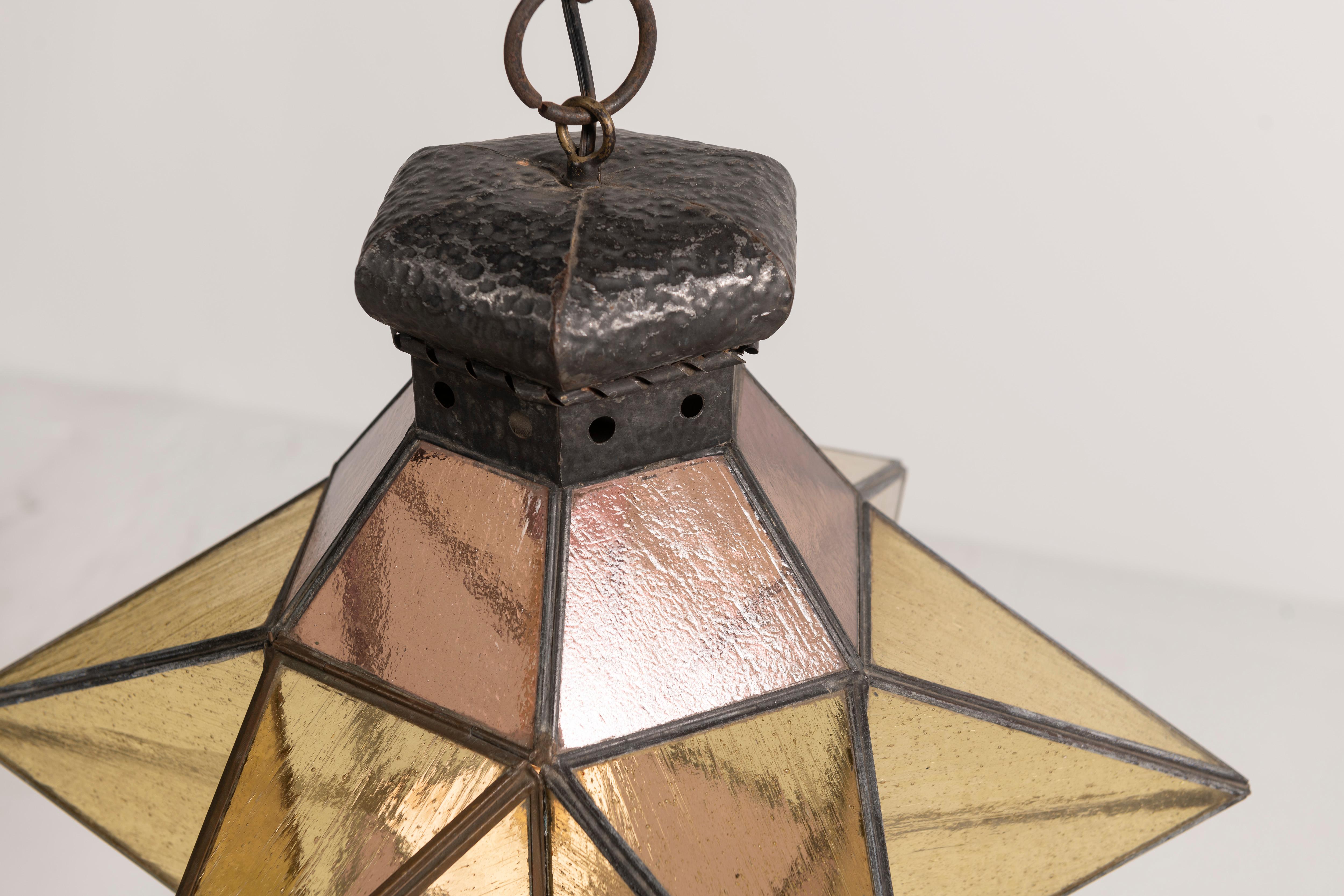 Metal Large Moroccan Style Lantern in Brown and Gold Glasss, 1920s