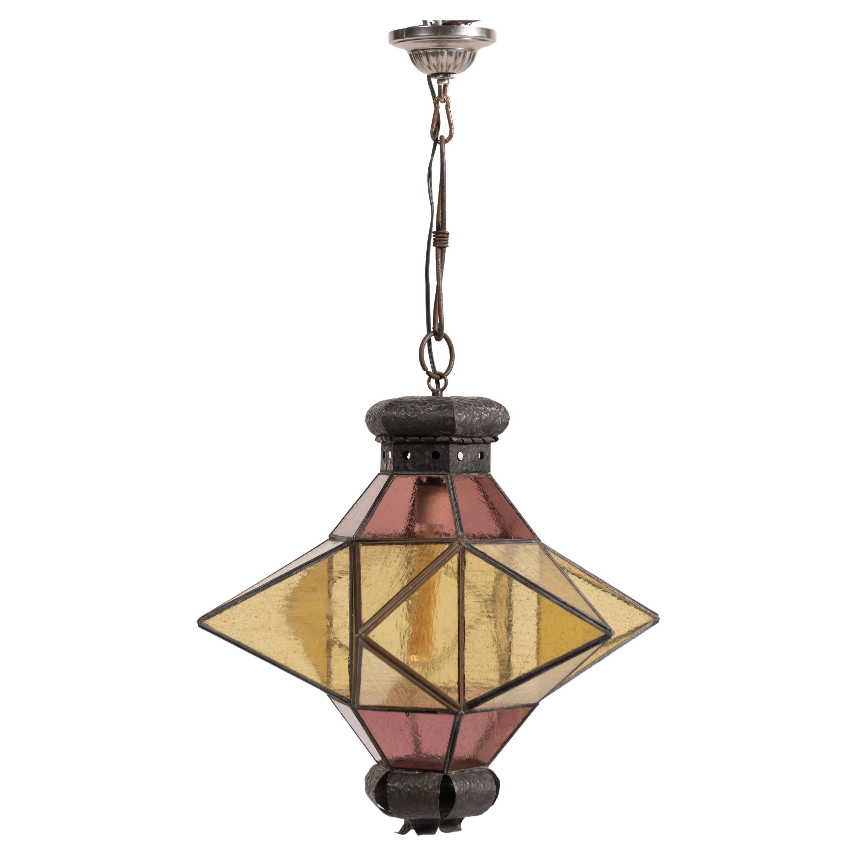 Large Moroccan Style Lantern in Brown and Gold Glasss, 1920s For Sale