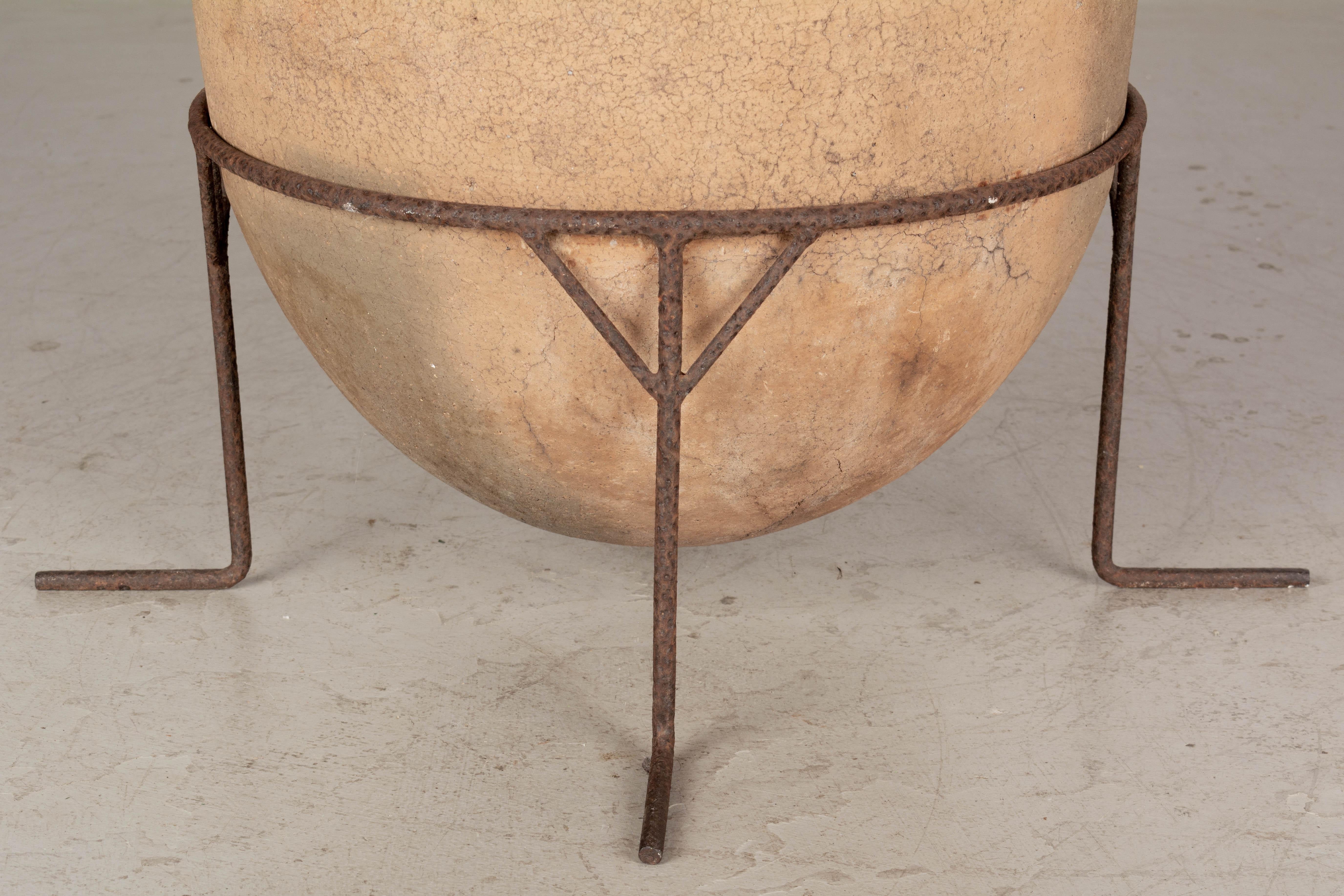Large Moroccan Terracotta Pottery Water Jar in Iron Stand For Sale 3