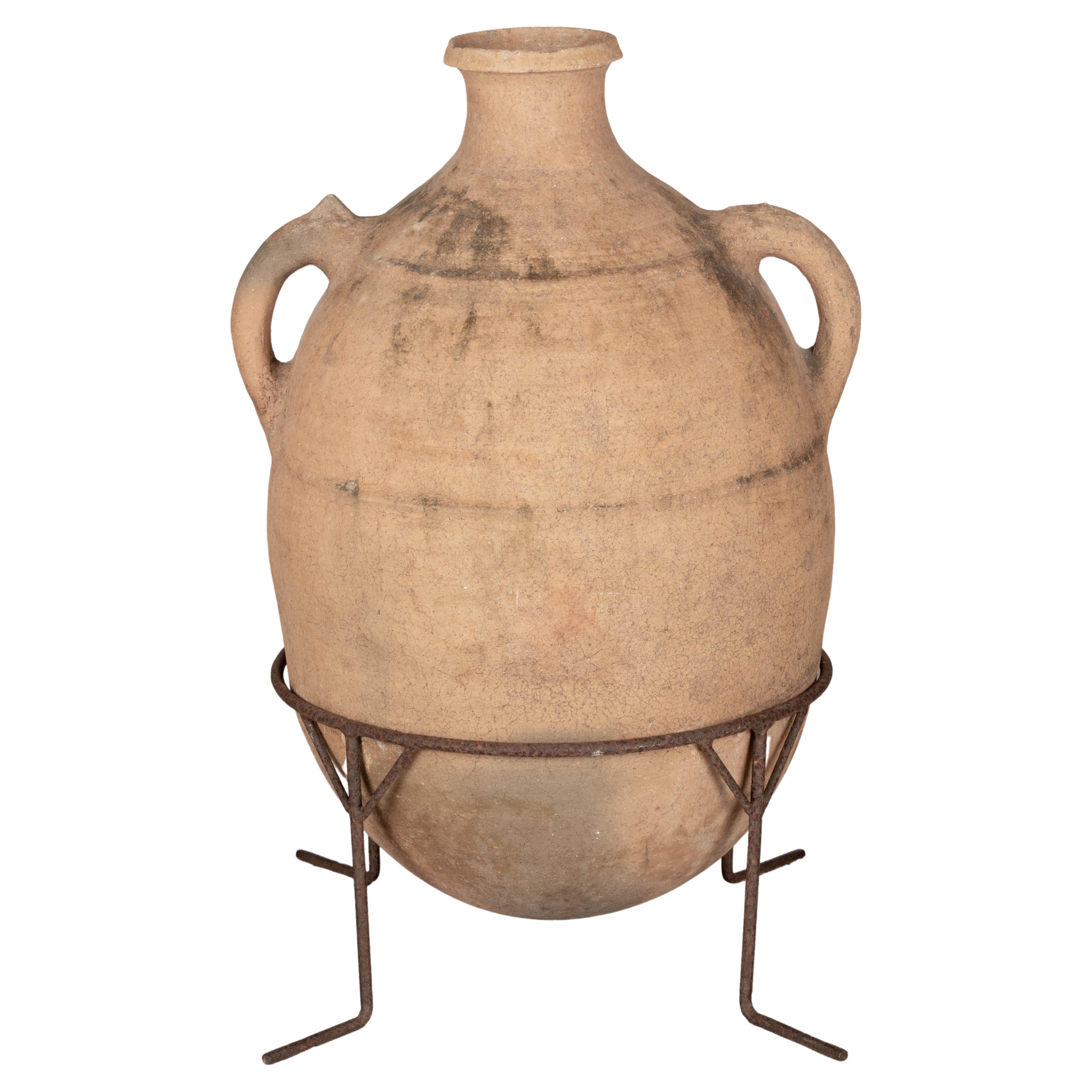 Large Moroccan Terracotta Pottery Water Jar in Iron Stand For Sale