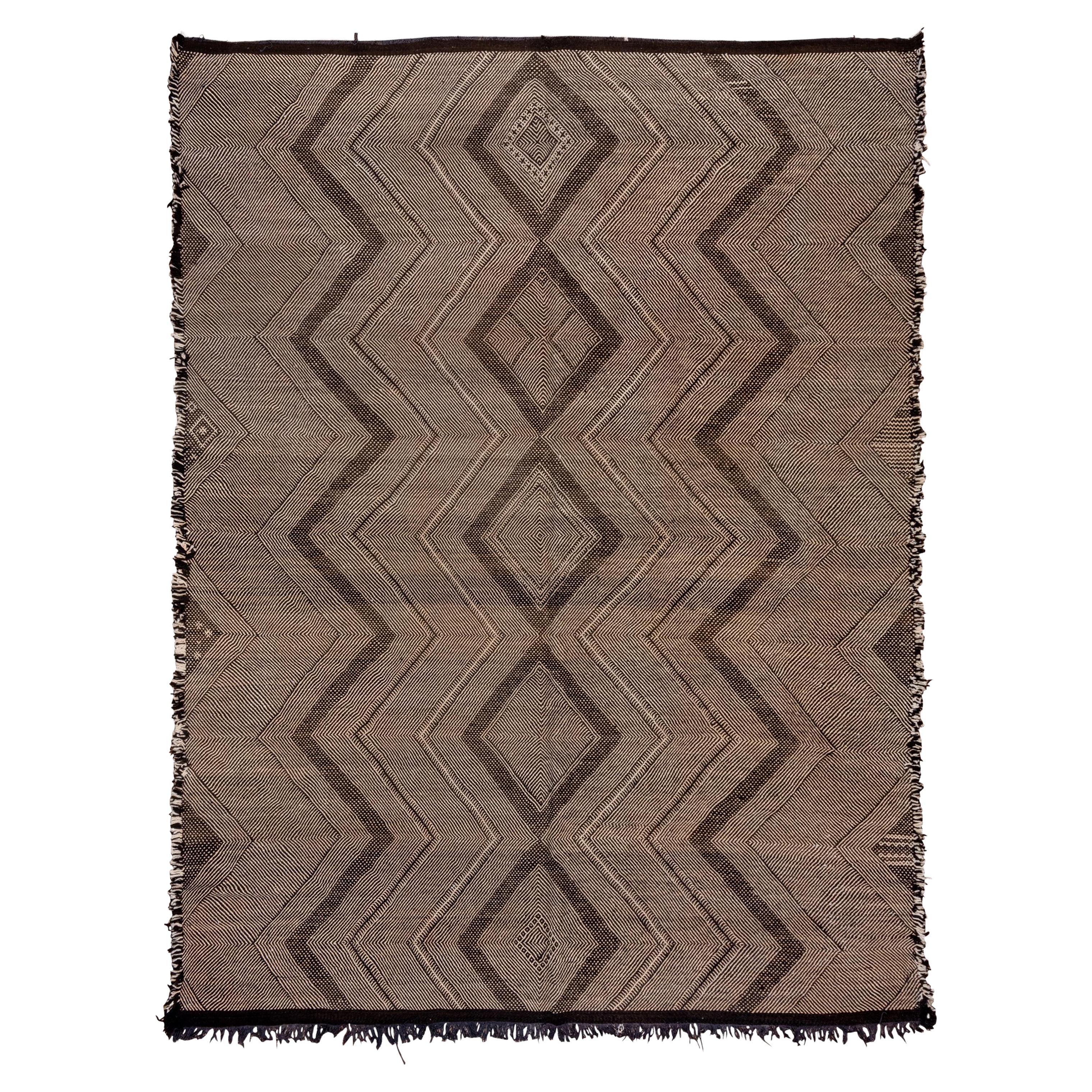 Large Moroccan Zanafi Kilim Rug, Soft Pile, Brown and Beige Tones For Sale