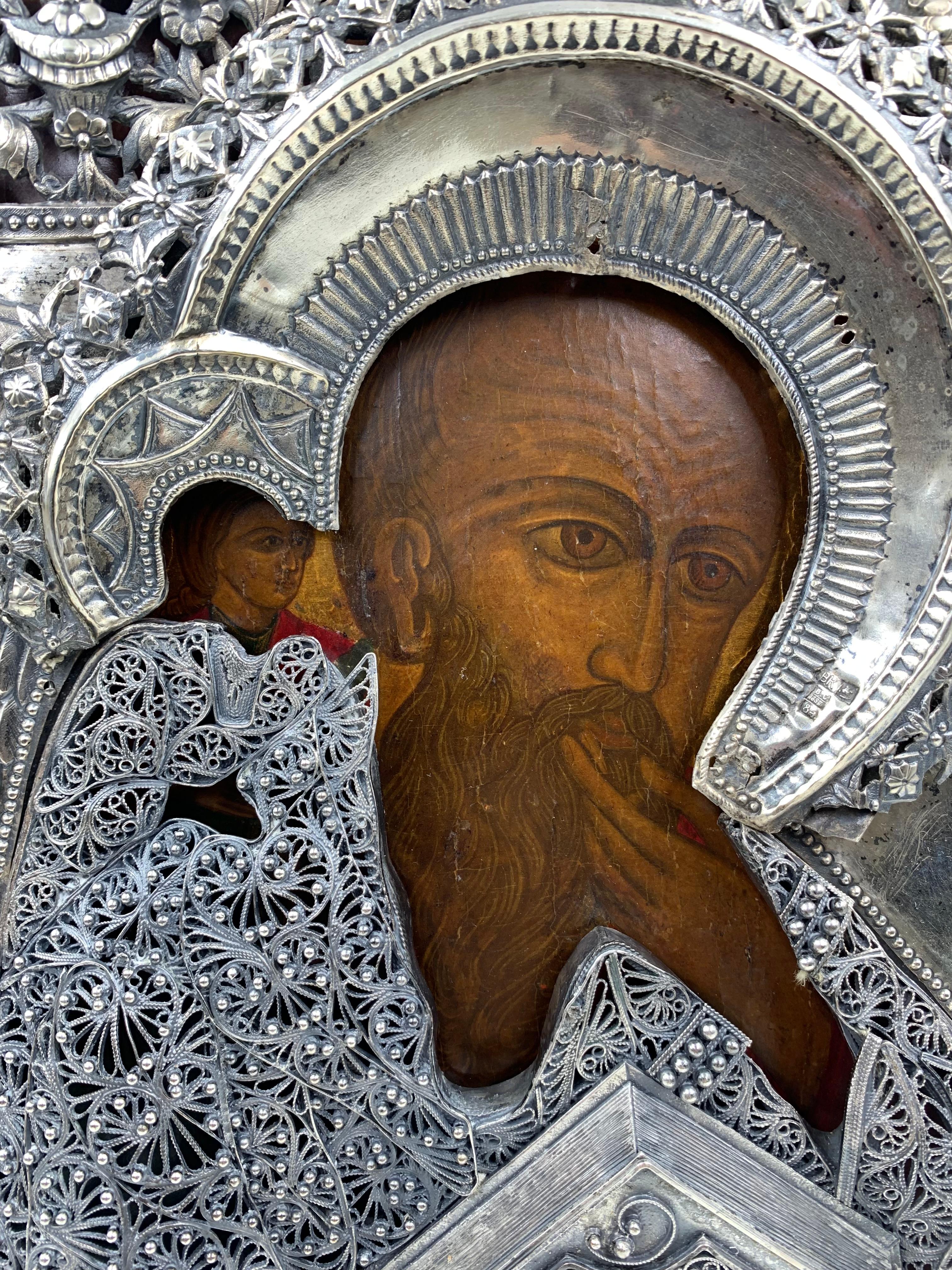 Large Morozov Antique Russian Silver Filigree Icon of Saint John the Theologian For Sale 5