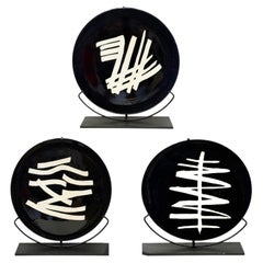 Large Abstract Moroccan Glazed Pottery Charger Plates on Stands, Per Item