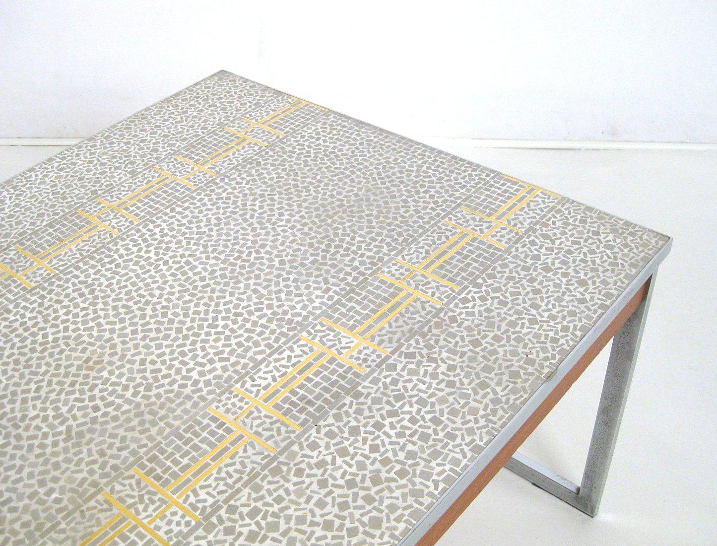 Large Mosaic coffee table, 1960s. Frame in chrome-plated metal and wood veneer. Mosaic tile top in gray and gold.