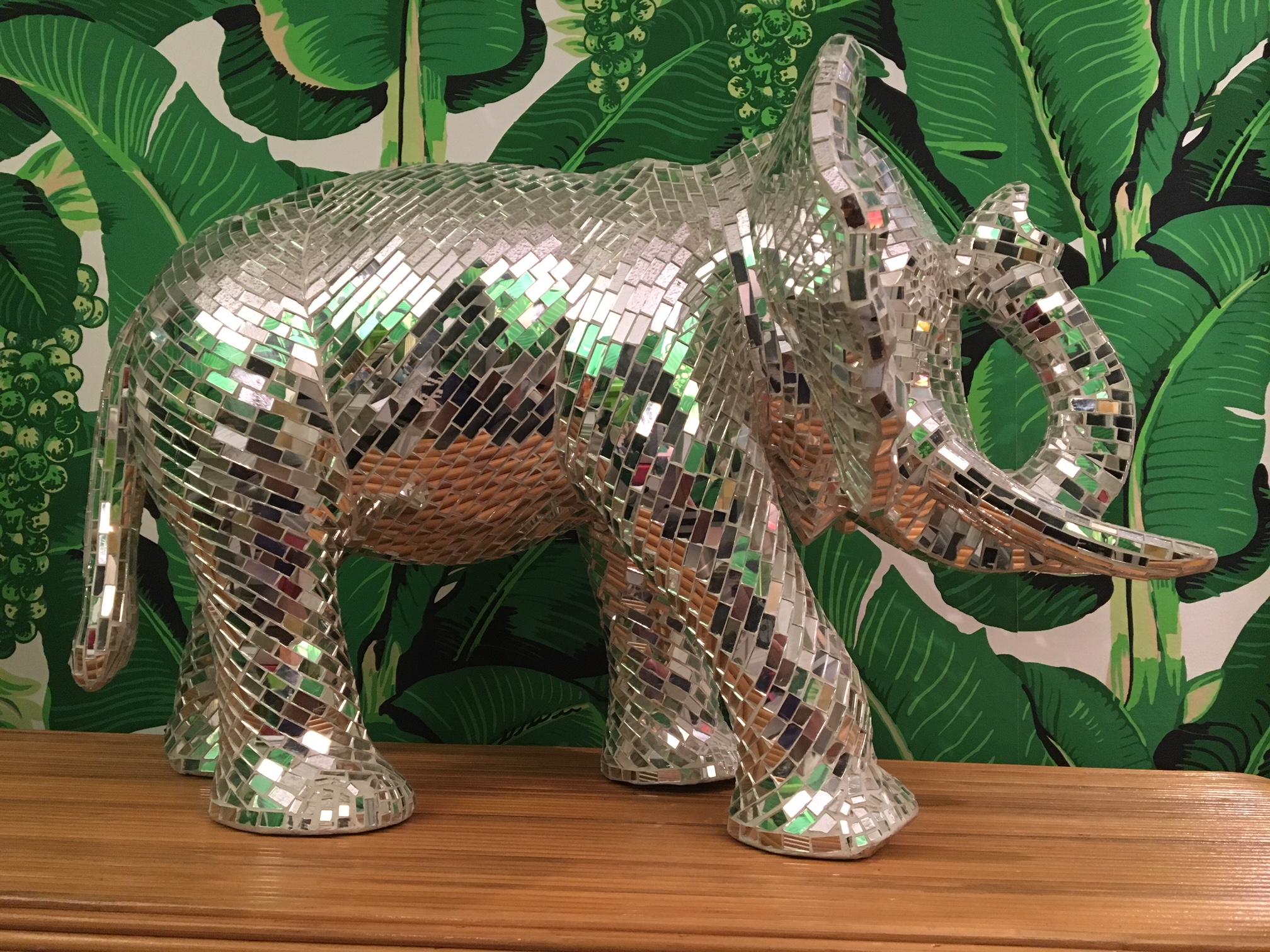 Hollywood Regency Large Mosaic Mirrored Elephant Sculpture