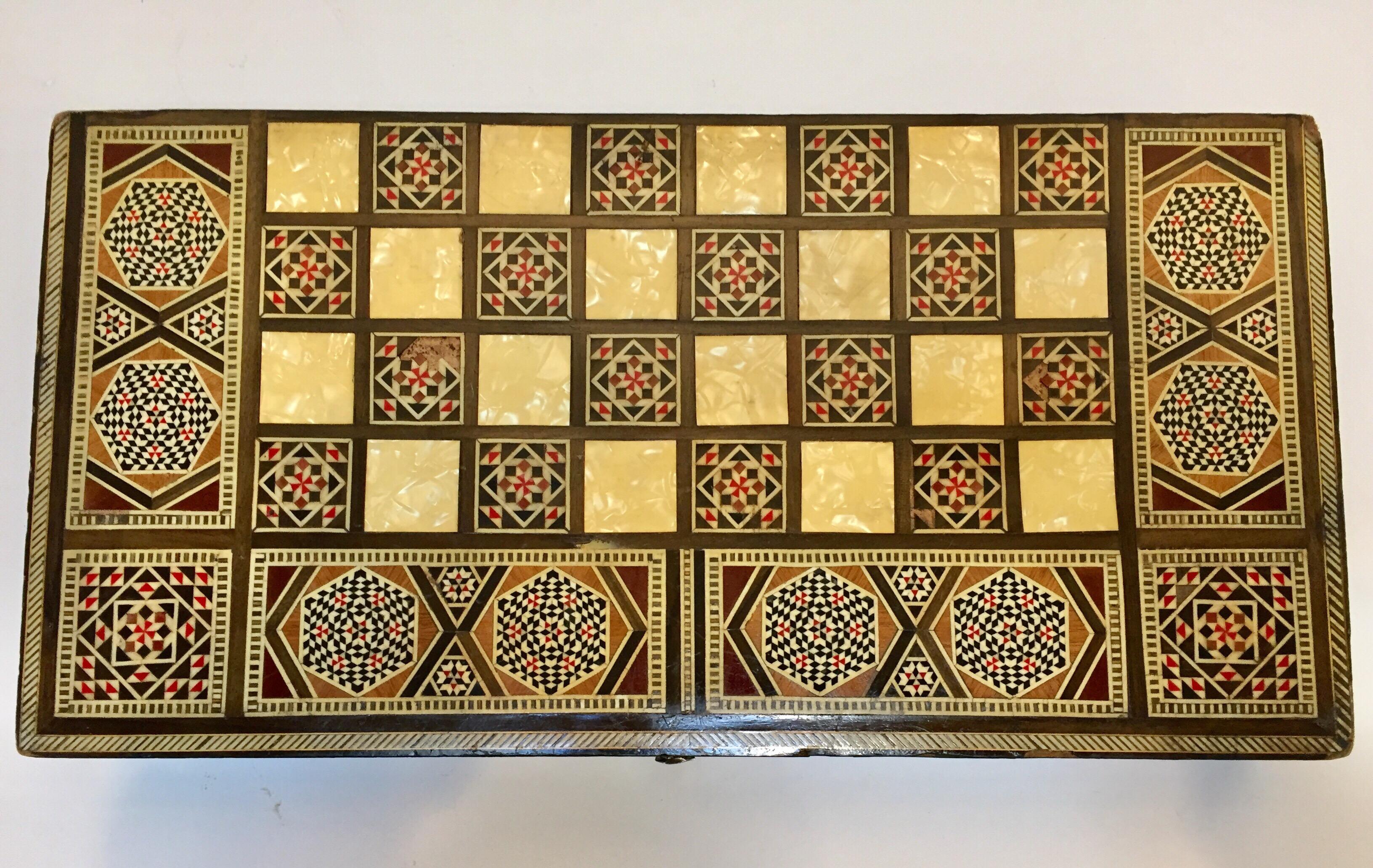 Moorish Large Mosaic Syrian Backgammon and Chess Wooden Inlaid Marquetry Box Game