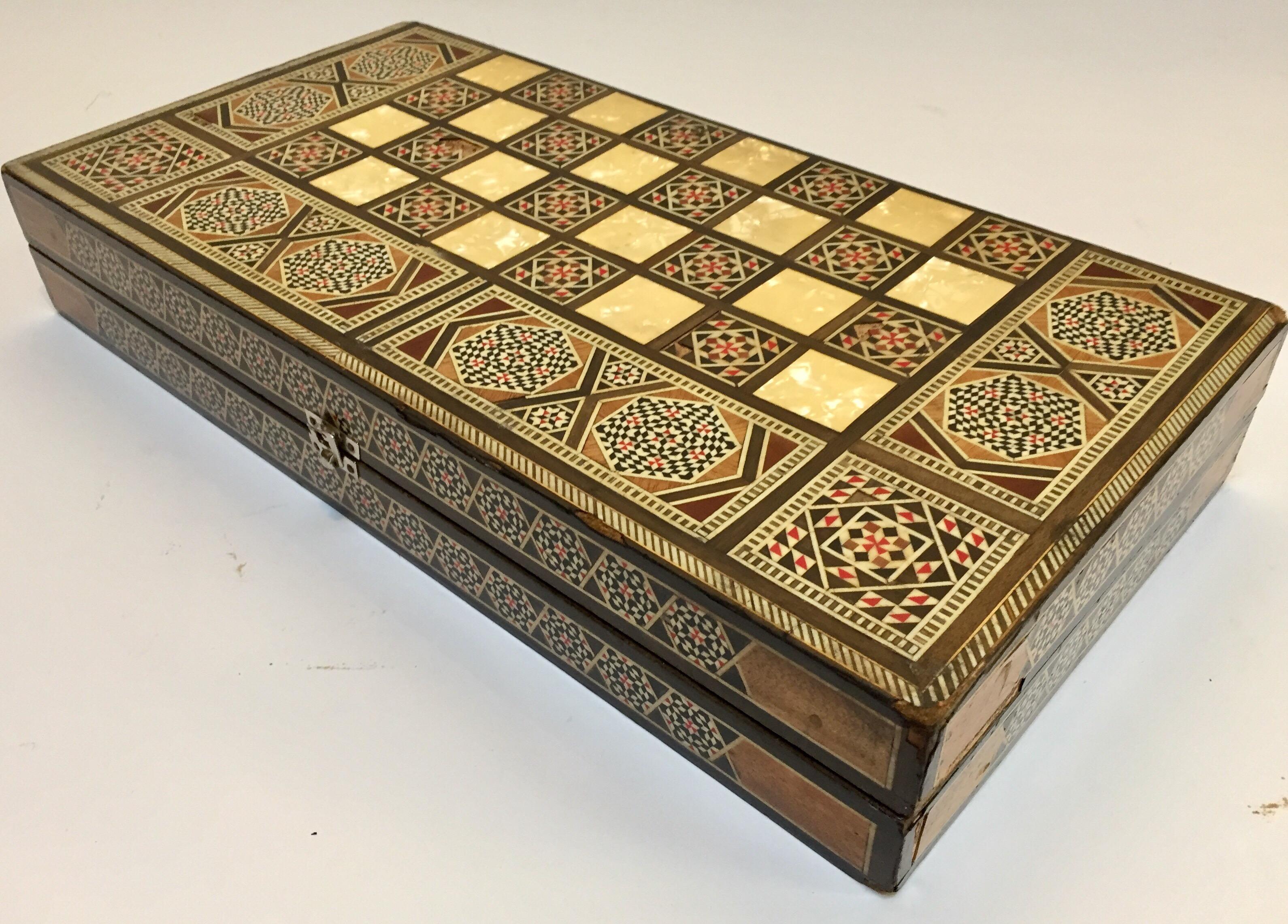 20th Century Large Mosaic Syrian Backgammon and Chess Wooden Inlaid Marquetry Box Game