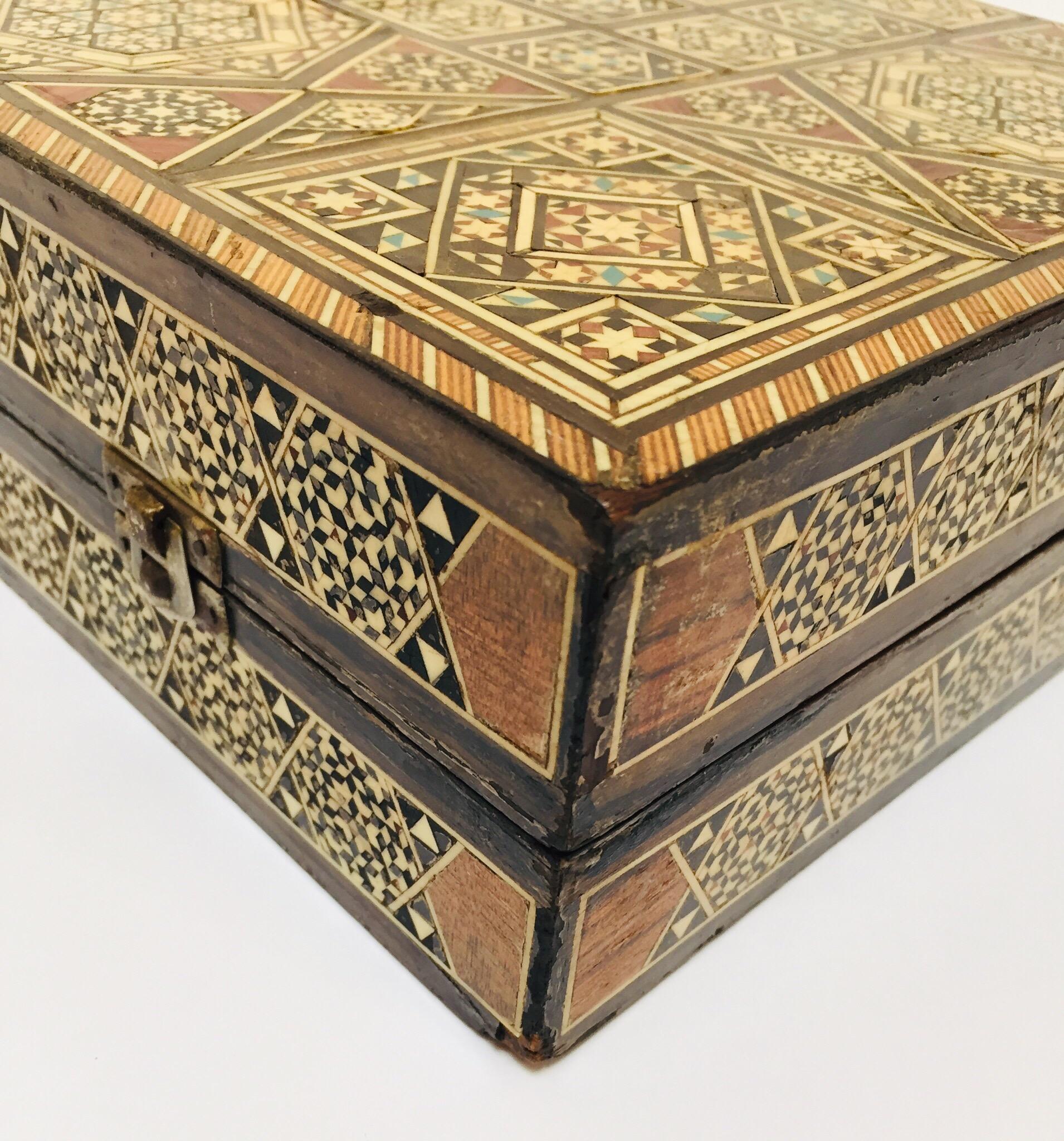 20th Century Large Mosaic Syrian Backgammon and Chess Wooden Inlaid Marquetry Box Game