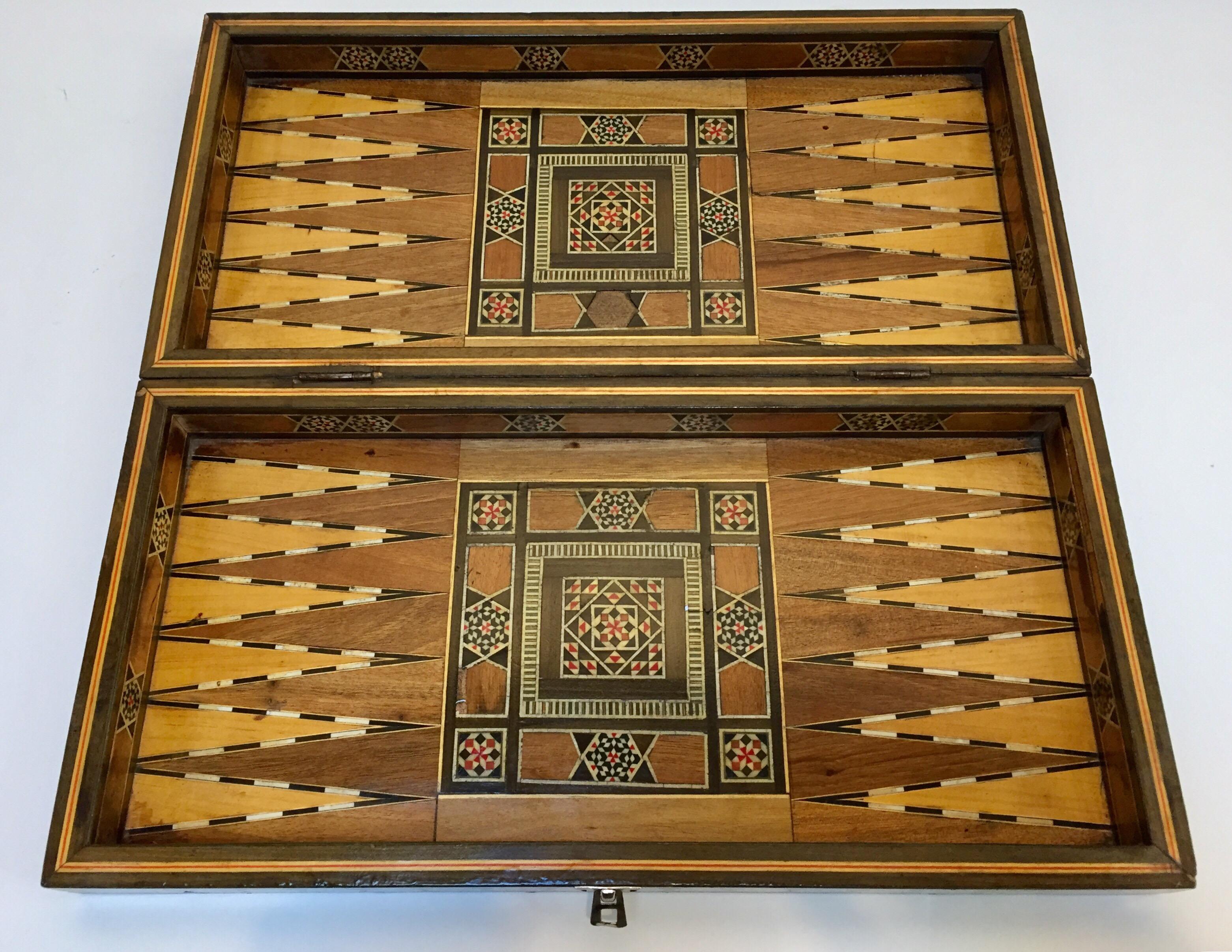 Fruitwood Large Mosaic Syrian Backgammon and Chess Wooden Inlaid Marquetry Box Game