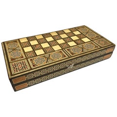 Vintage Large Mosaic Syrian Backgammon and Chess Wooden Inlaid Marquetry Box Game