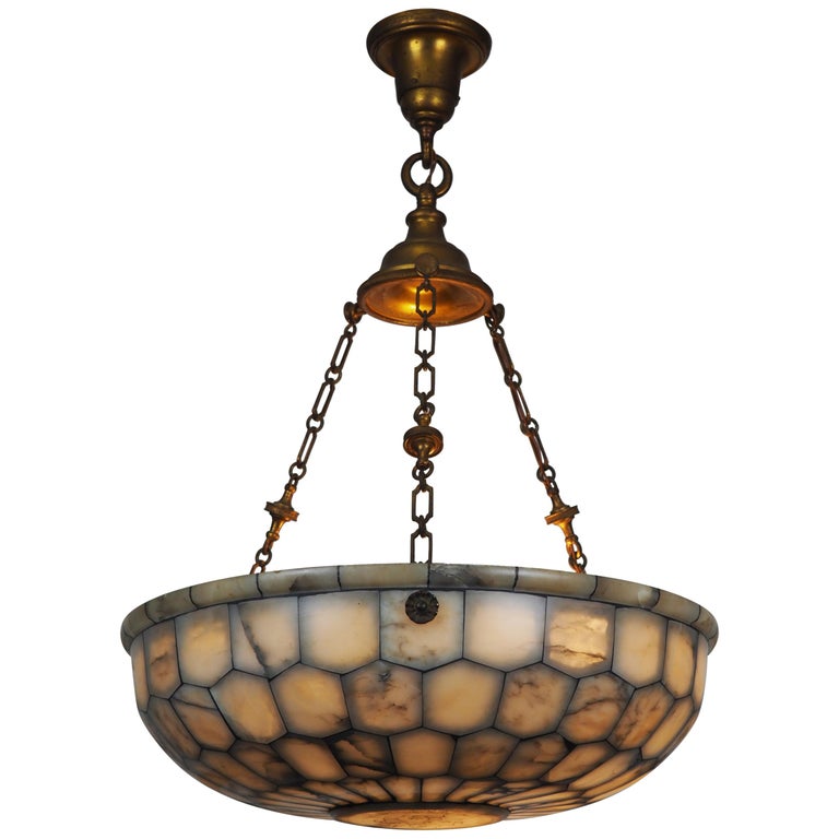Large Mosaic Veined Alabaster Bowl Pendant, circa 1940s For Sale at 1stDibs