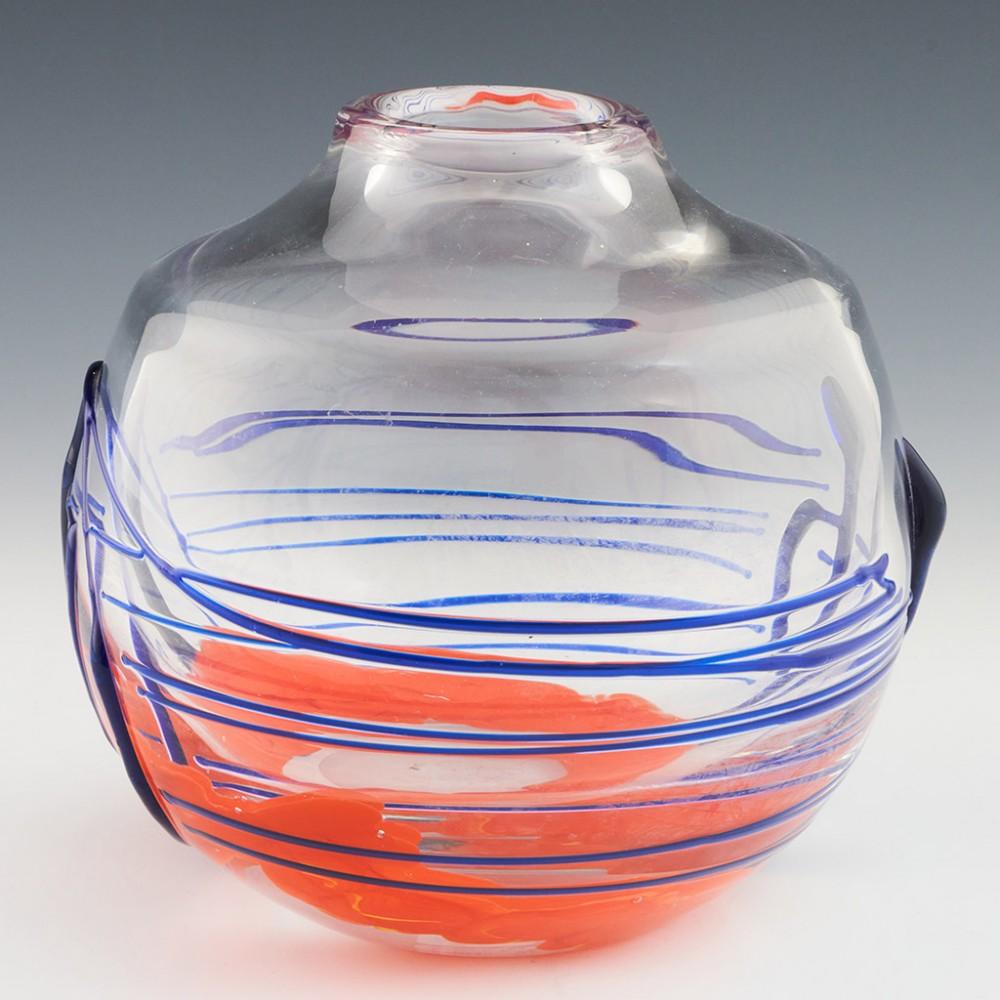 Large Moser Ball Vase Designed by Jiri Suhajek, 1973

Additional information:
Date : Designed 1973
Origin : Karlsbad, Czechoslovakia 
Bowl Features : Clear glass with blue trailing to the exterior and internal red enamel decoration.
Type : Lead