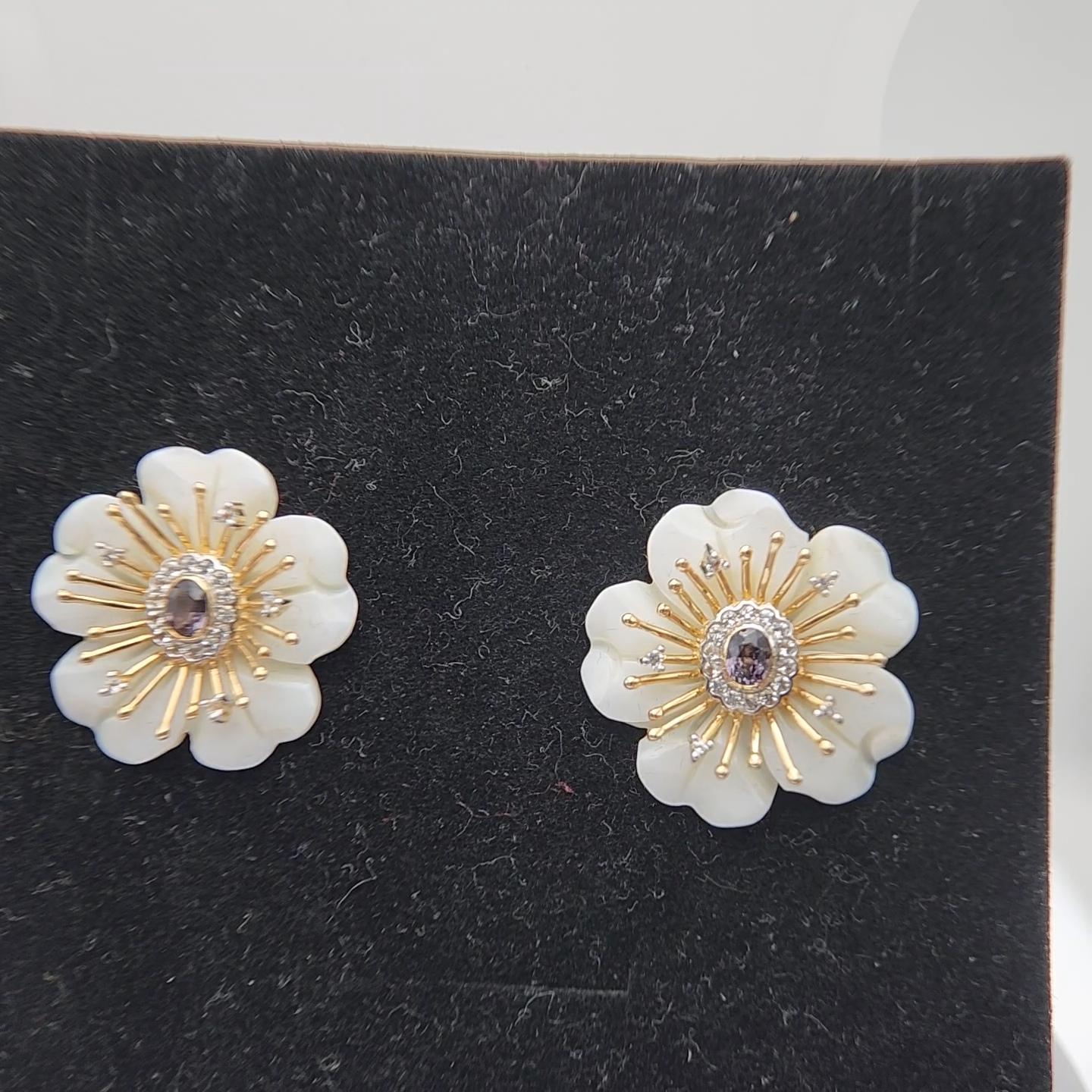 Large Mother of Pearl Earring with Spinel and White Sapphire in 14K Yellow Gold For Sale 4