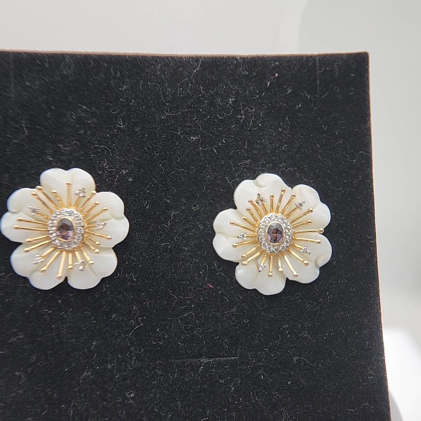 Large Mother of Pearl Earring with Spinel and White Sapphire in 14K Yellow Gold For Sale 6