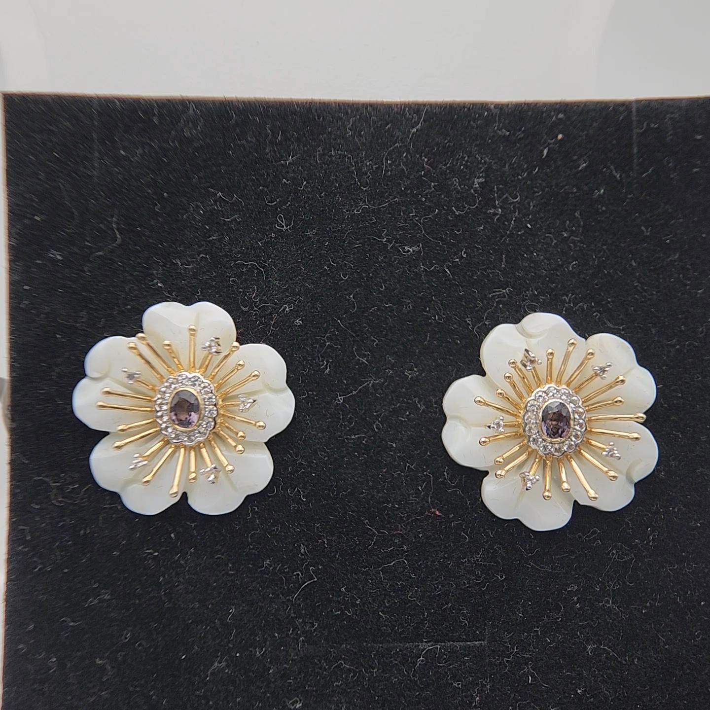 Art Nouveau Large Mother of Pearl Earring with Spinel and White Sapphire in 14K Yellow Gold For Sale