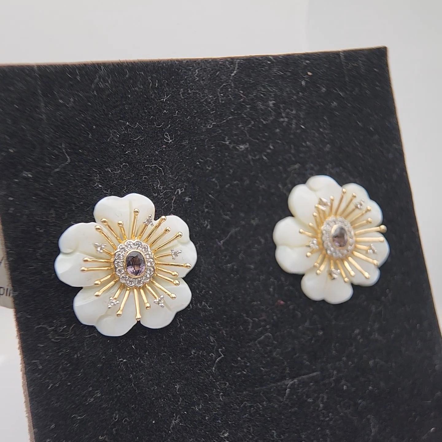 Oval Cut Large Mother of Pearl Earring with Spinel and White Sapphire in 14K Yellow Gold For Sale