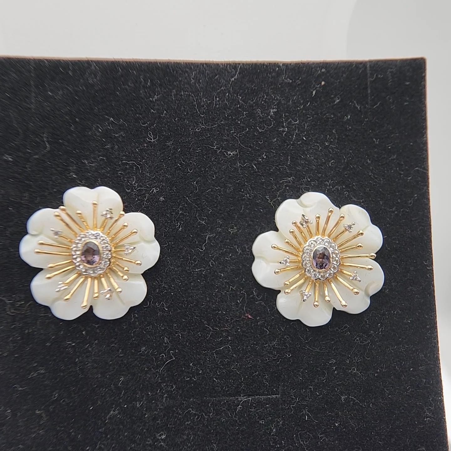 Large Mother of Pearl Earring with Spinel and White Sapphire in 14K Yellow Gold For Sale 2