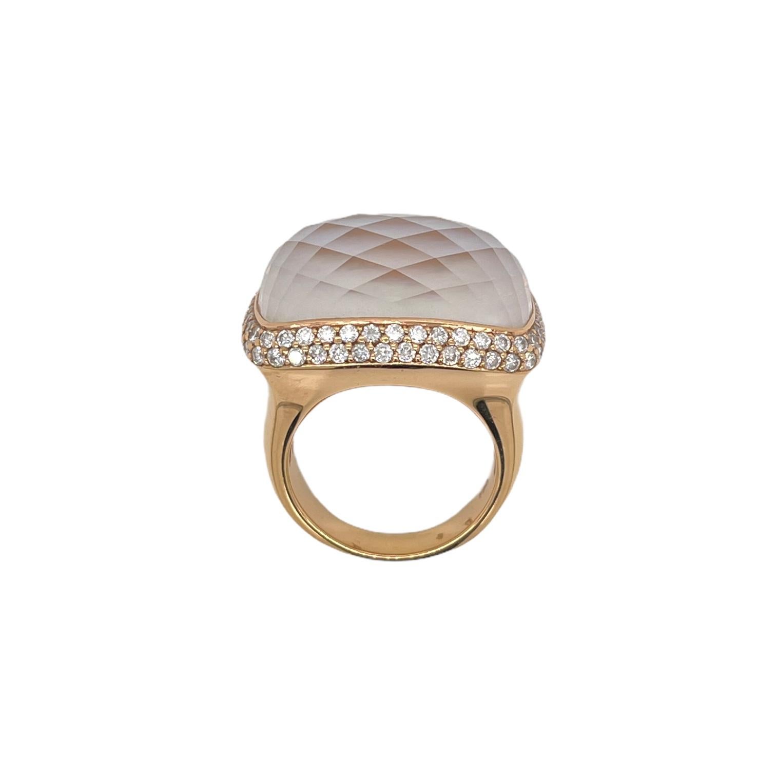 One of a kind large checkerboard cut mother of pearl and quartz ring in 18k yellow gold. Ring contains 1 center rectangular shape checkerboard cut mother of pearl and quartz gemstone, 4.58ct. Gemstone is accented by round brilliant diamond, 1.35tcw.